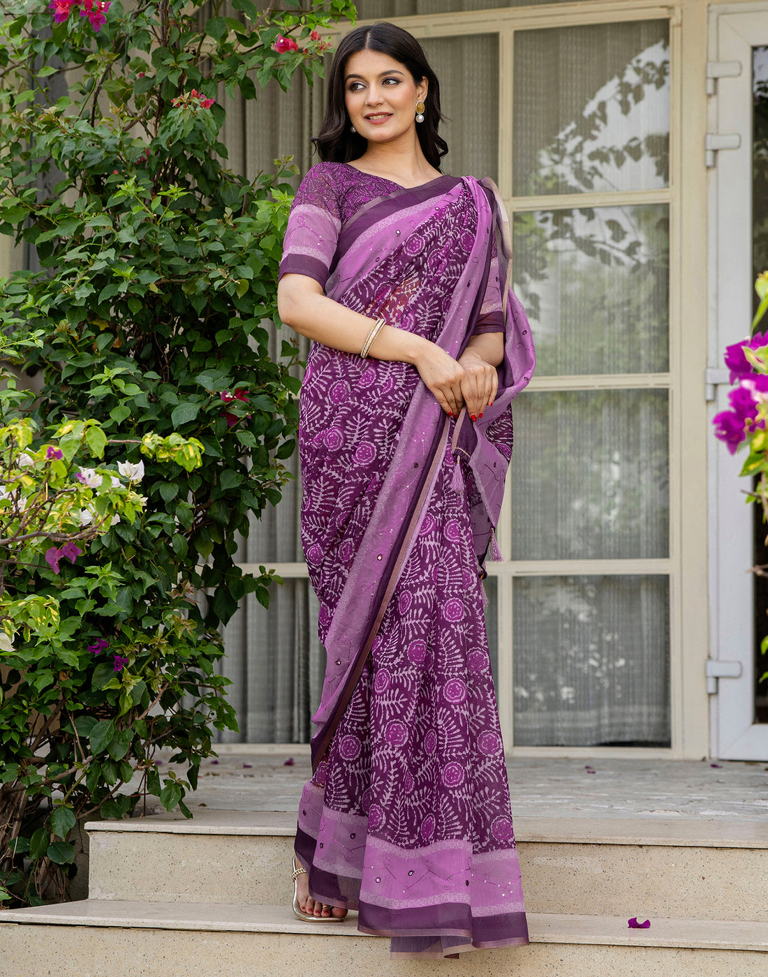 Magenta Cotton Embroidery Printed Saree