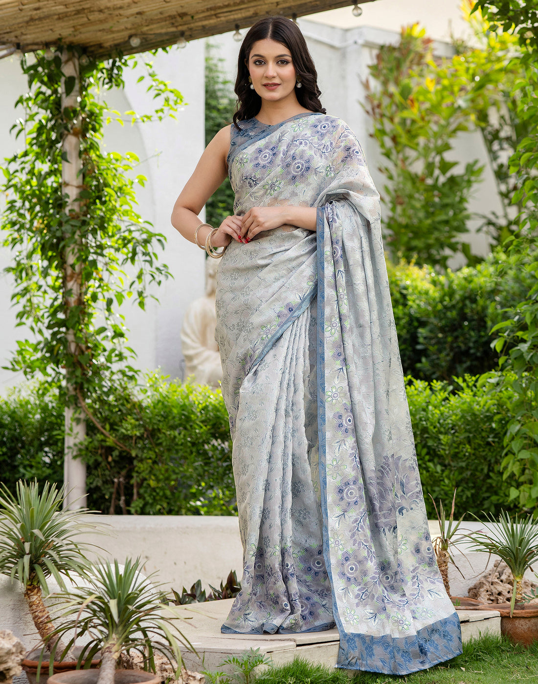 Green Cotton Floral Printed Saree