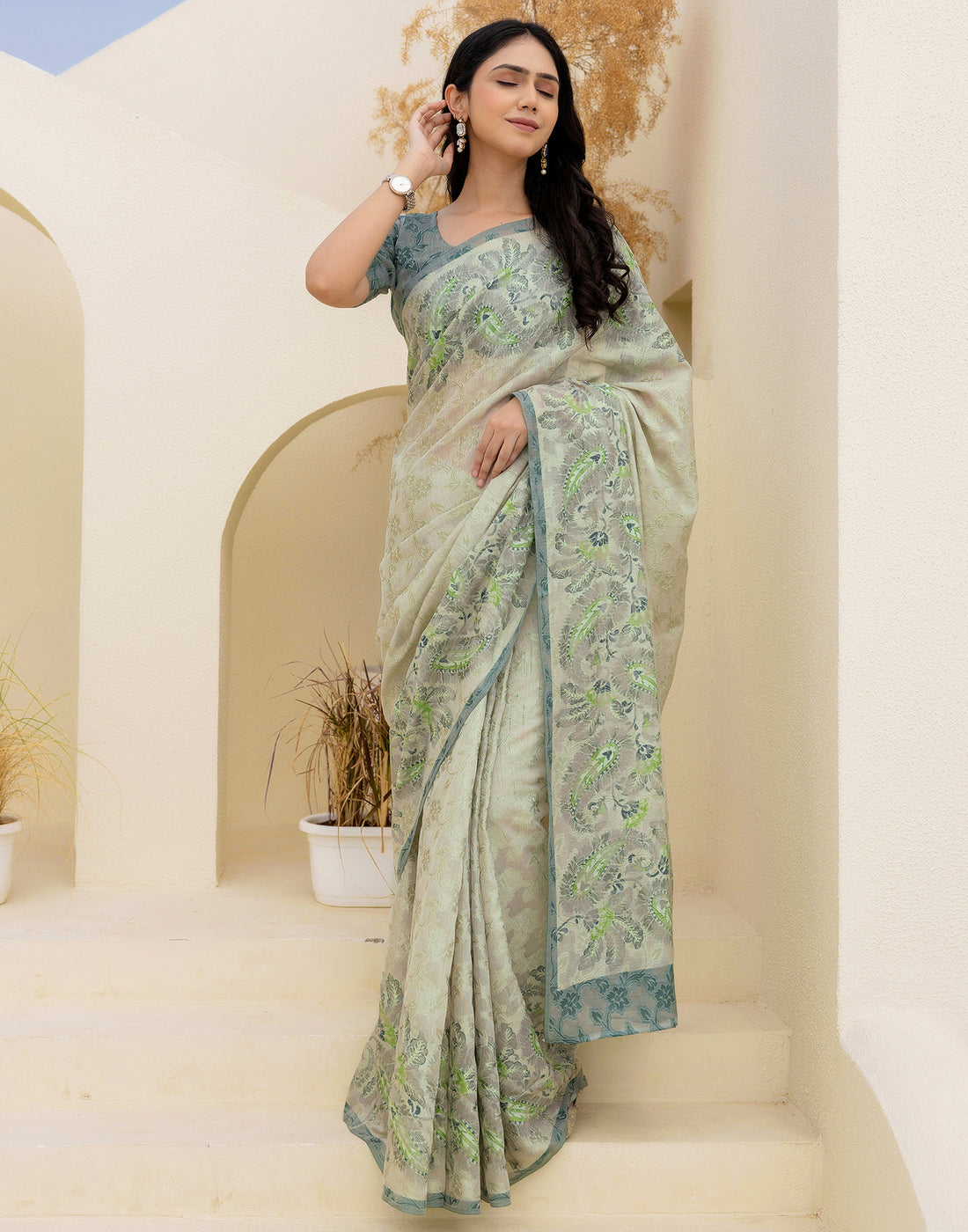 Green Cotton Floral Printed Saree
