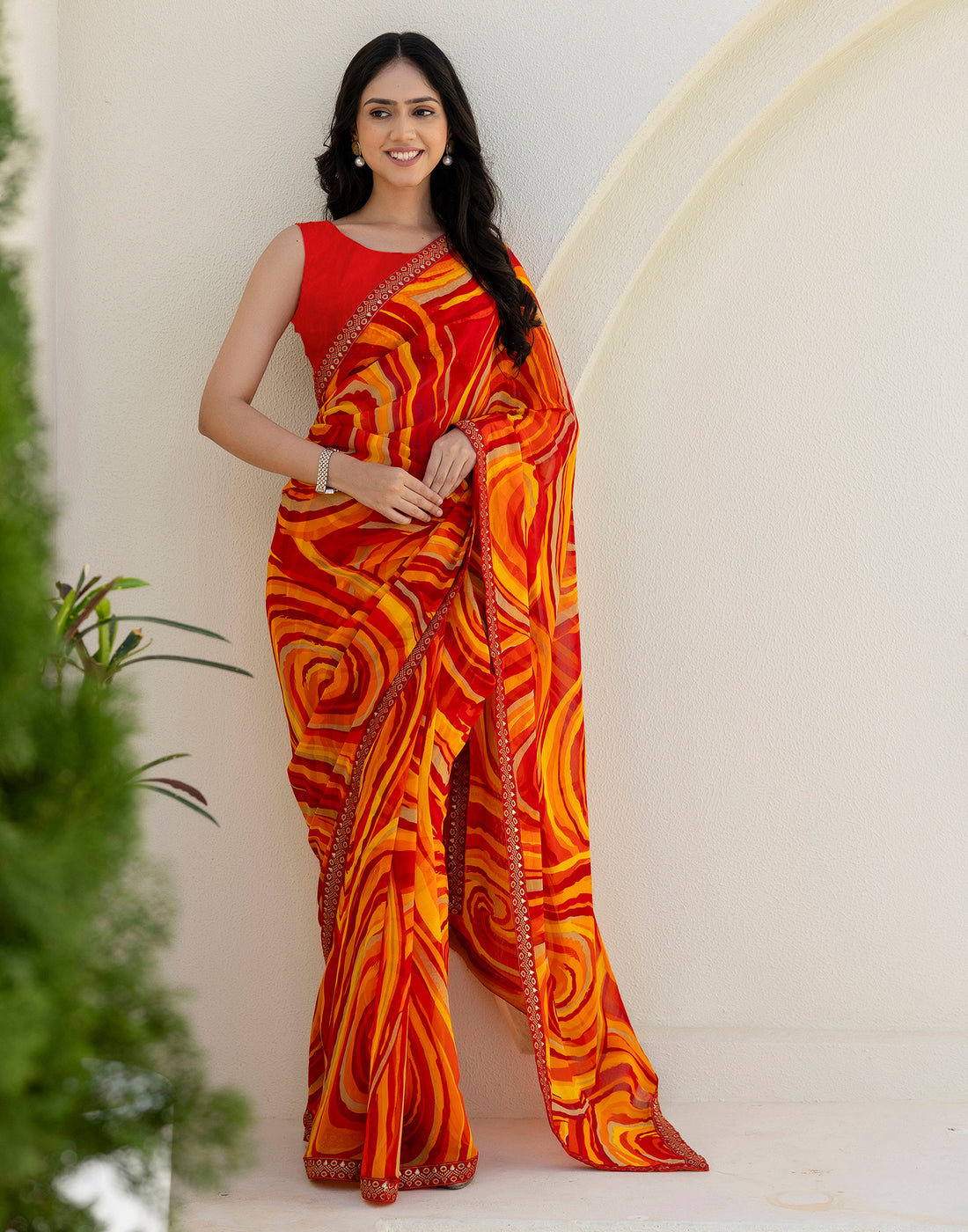 Red Georgette Printed Saree