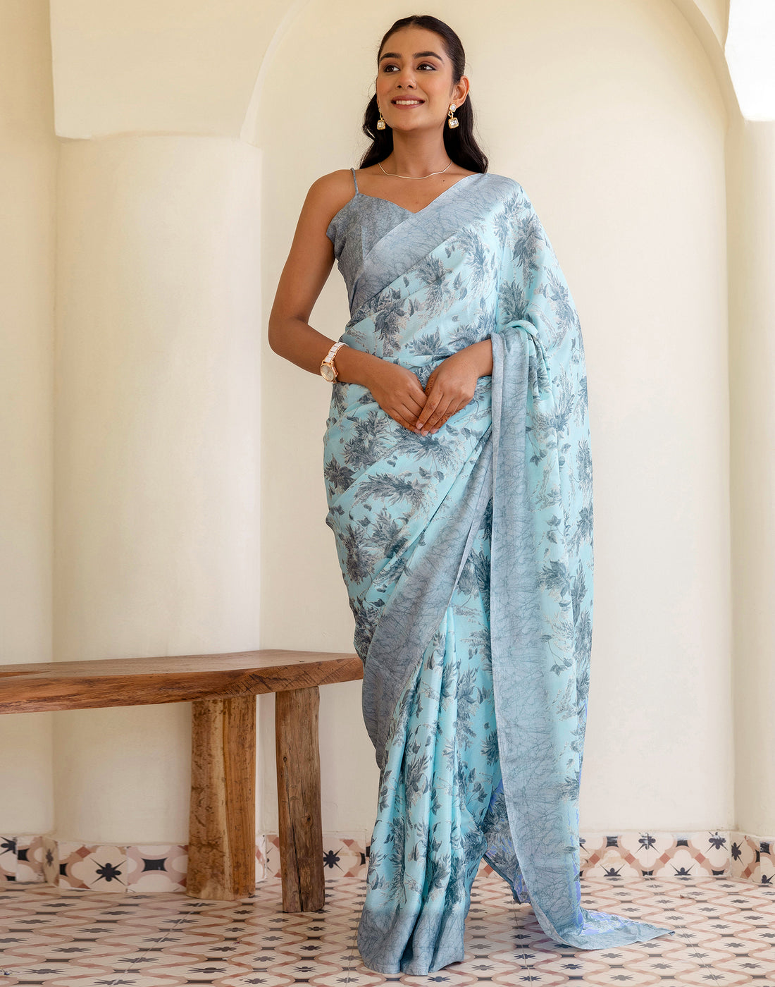 Grey Silk  Printed Saree