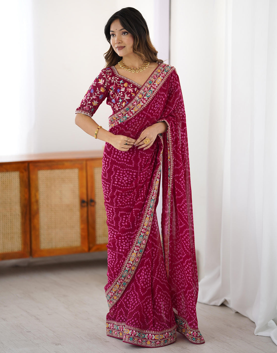Magenta Georgette Printed Bandhani Saree