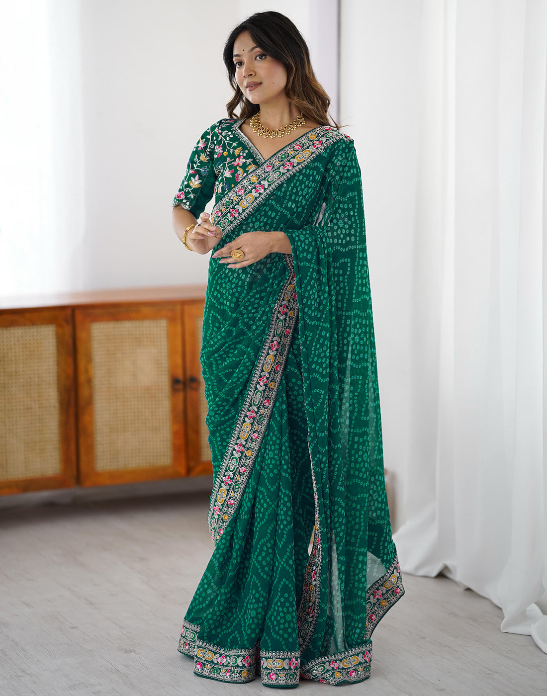 Green Georgette Printed Bandhani Saree