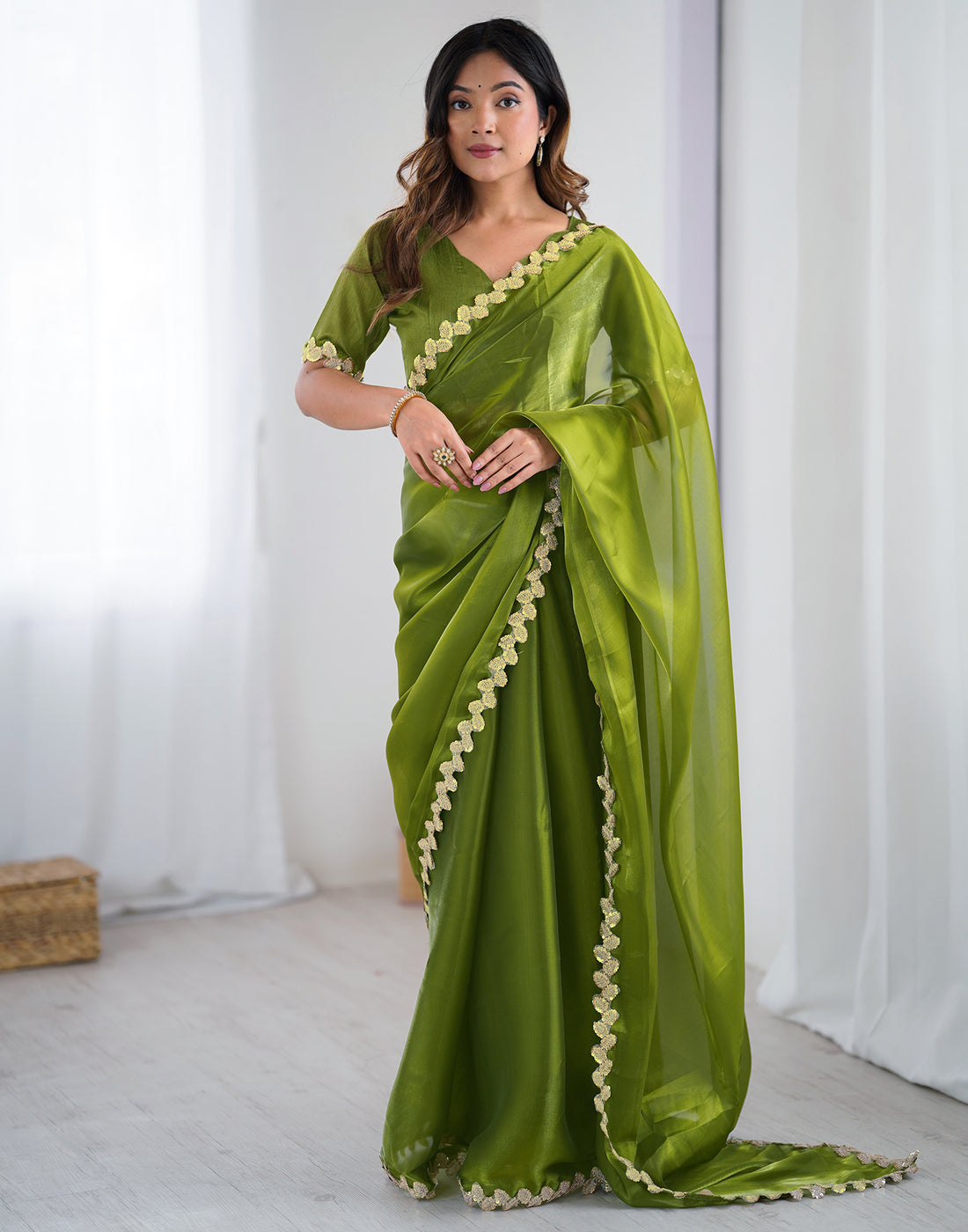 Green Tissue Silk Embroidery Lace Saree