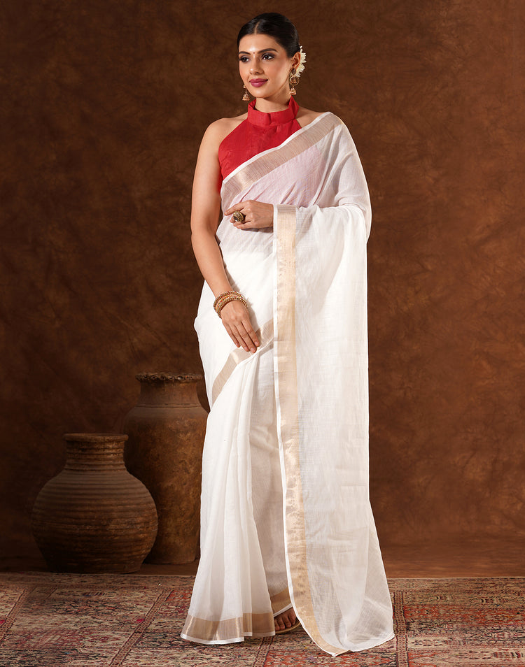 White Linen Zari work Plain Saree