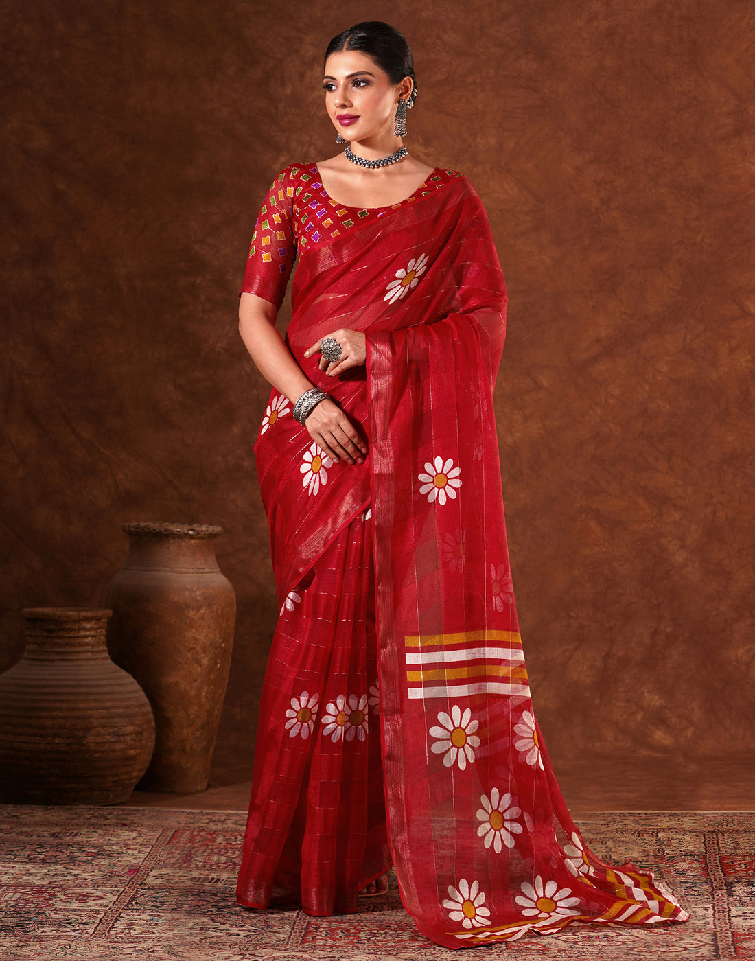 Red Silk Floral Printed Saree
