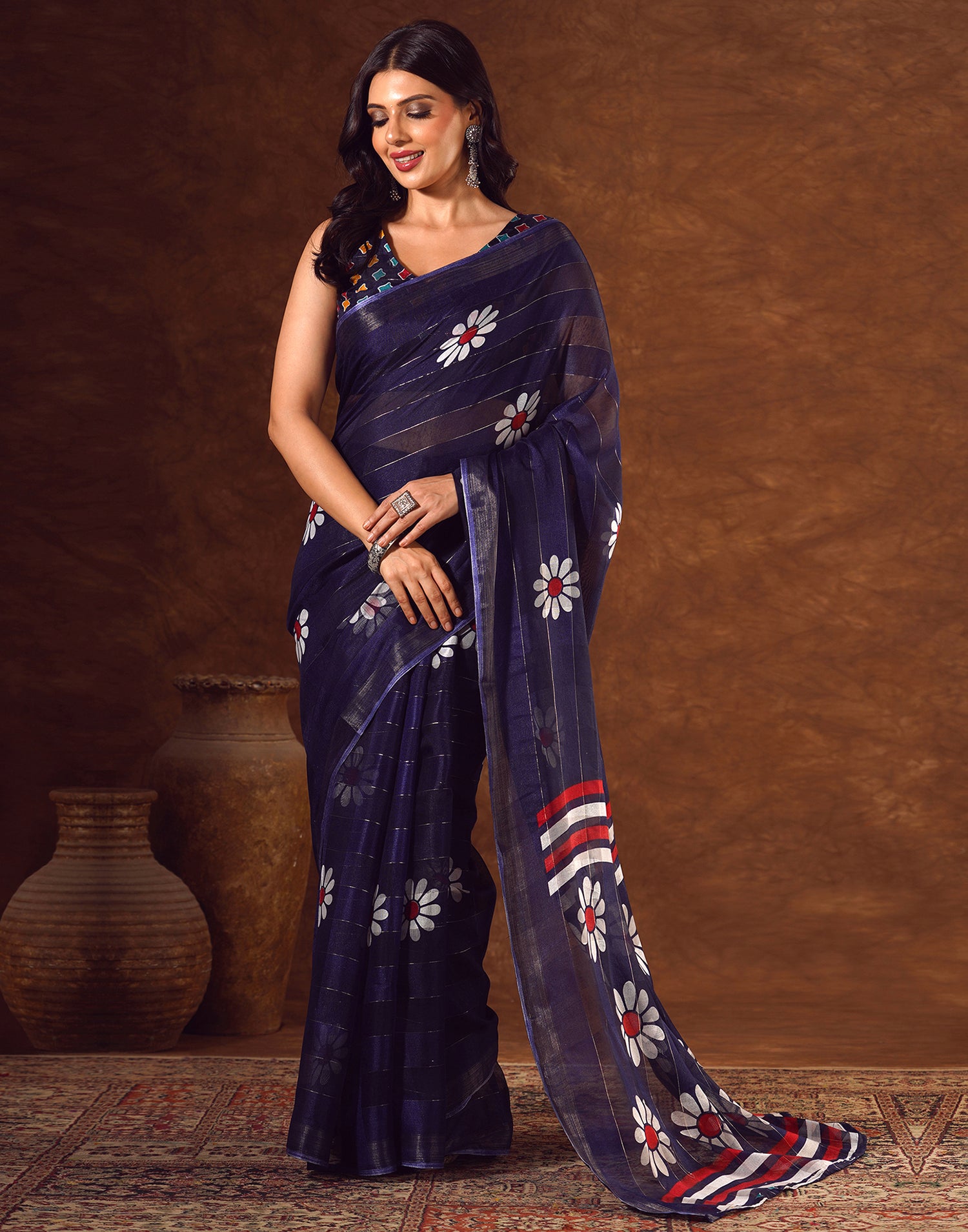 Blue Silk Floral Printed Saree