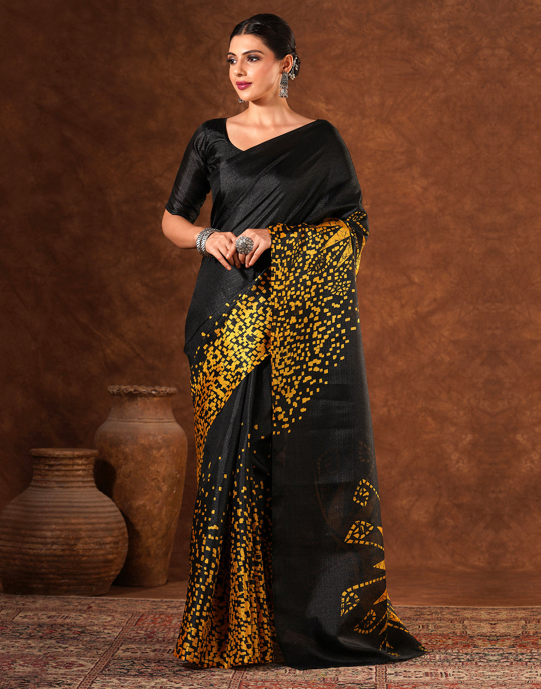 Black Cotton Blend Printed Saree