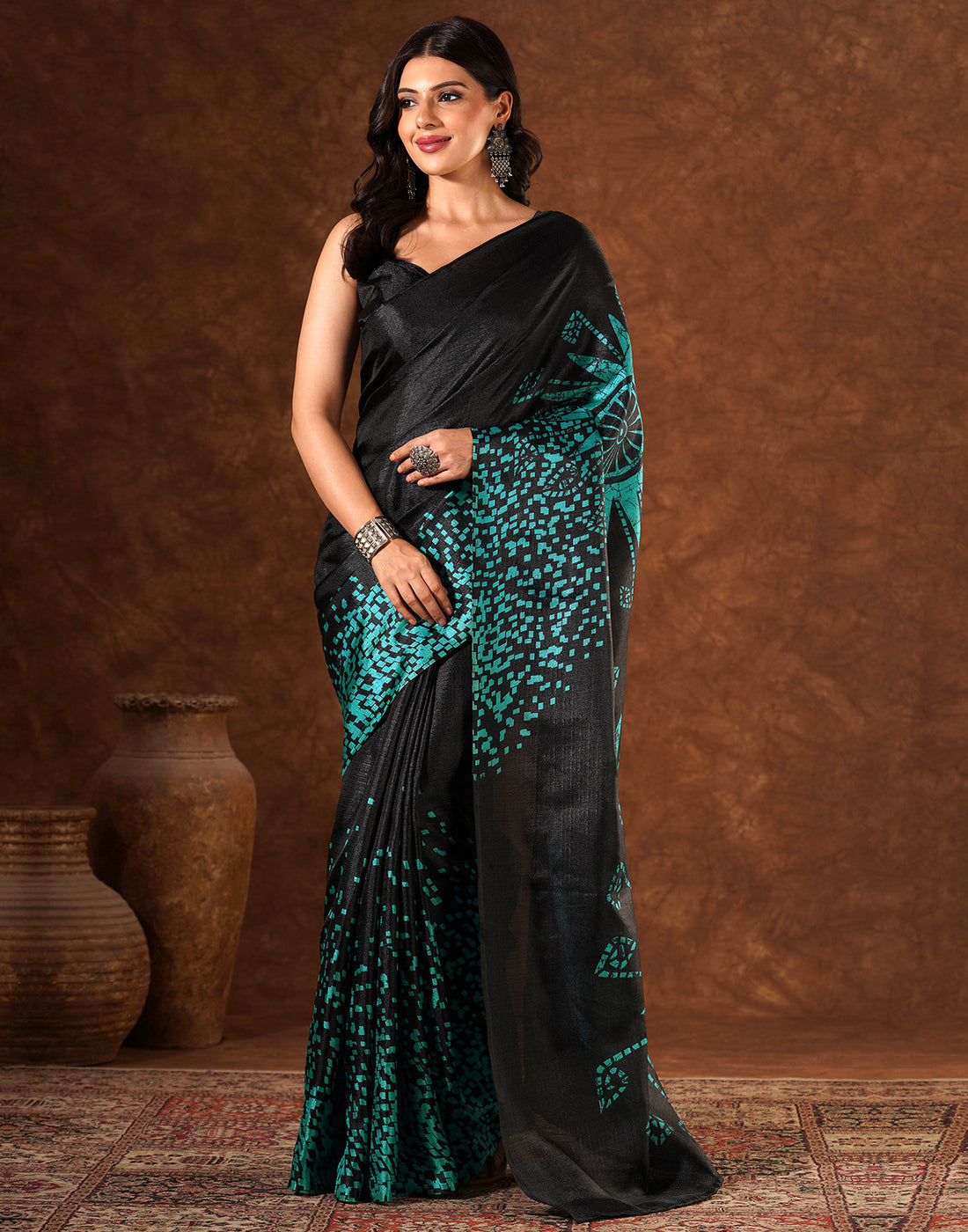 Black Cotton Blend Printed Saree