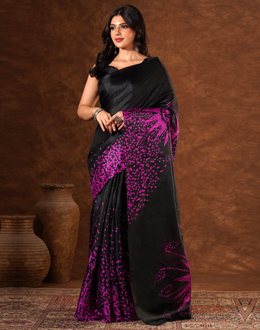 Black Cotton Blend Printed Saree