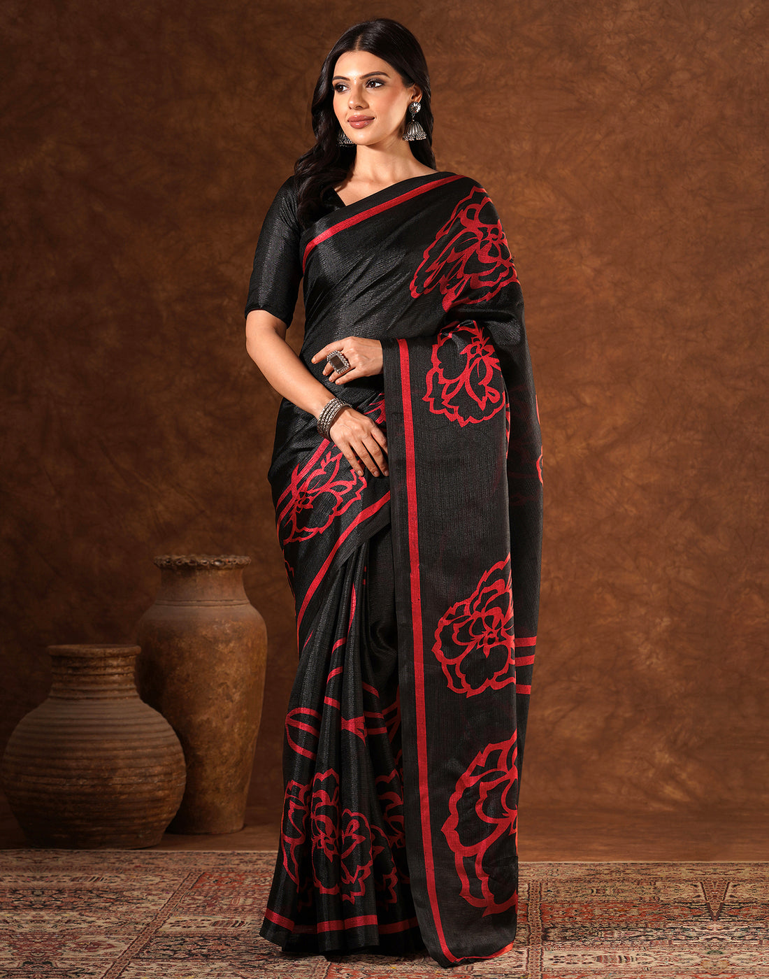 Black Cotton Blend Printed Saree