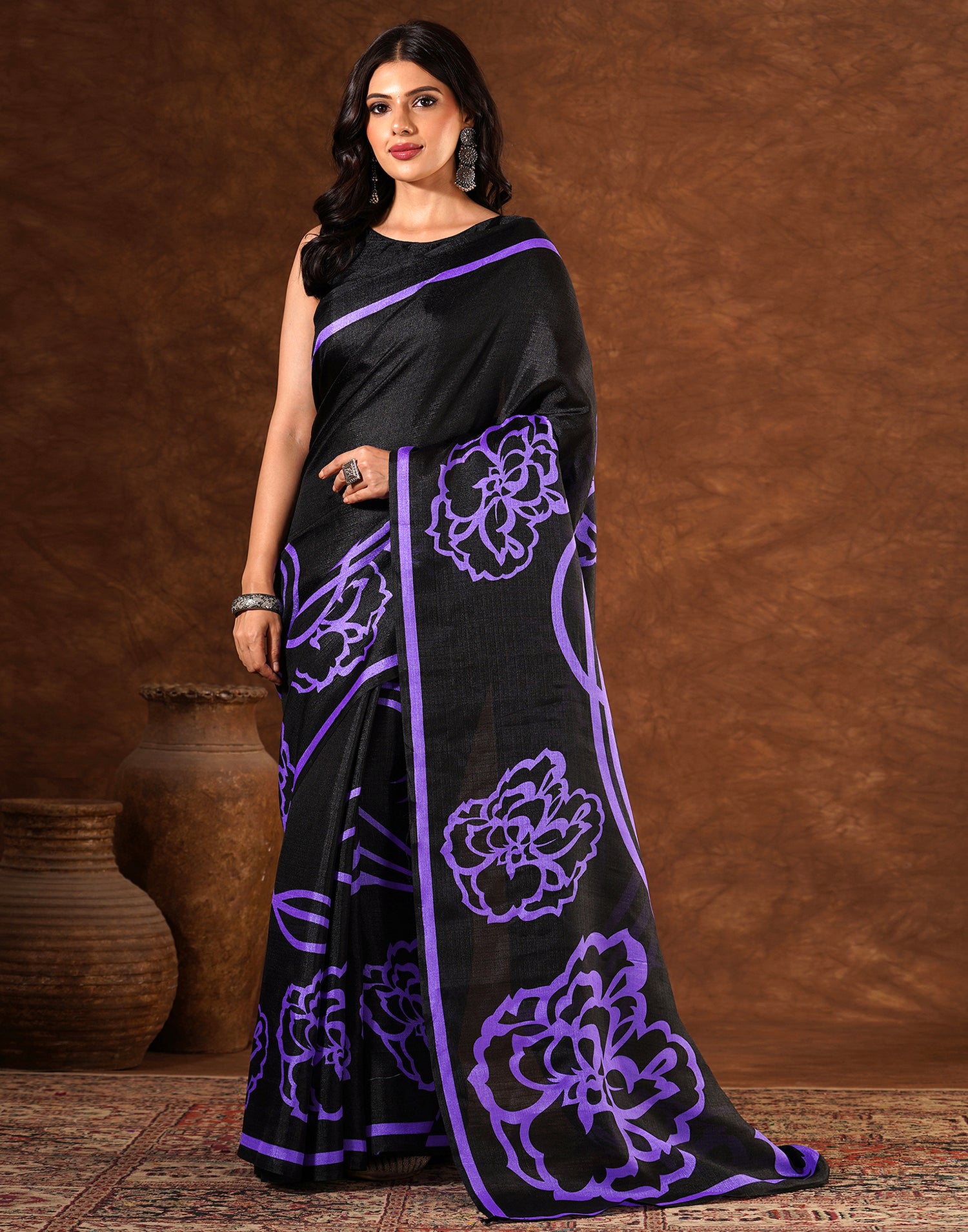 Black Cotton Blend Printed Saree