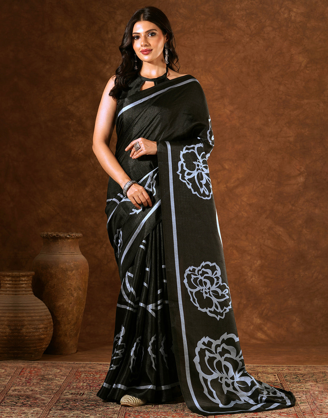Black Cotton Blend Printed Saree