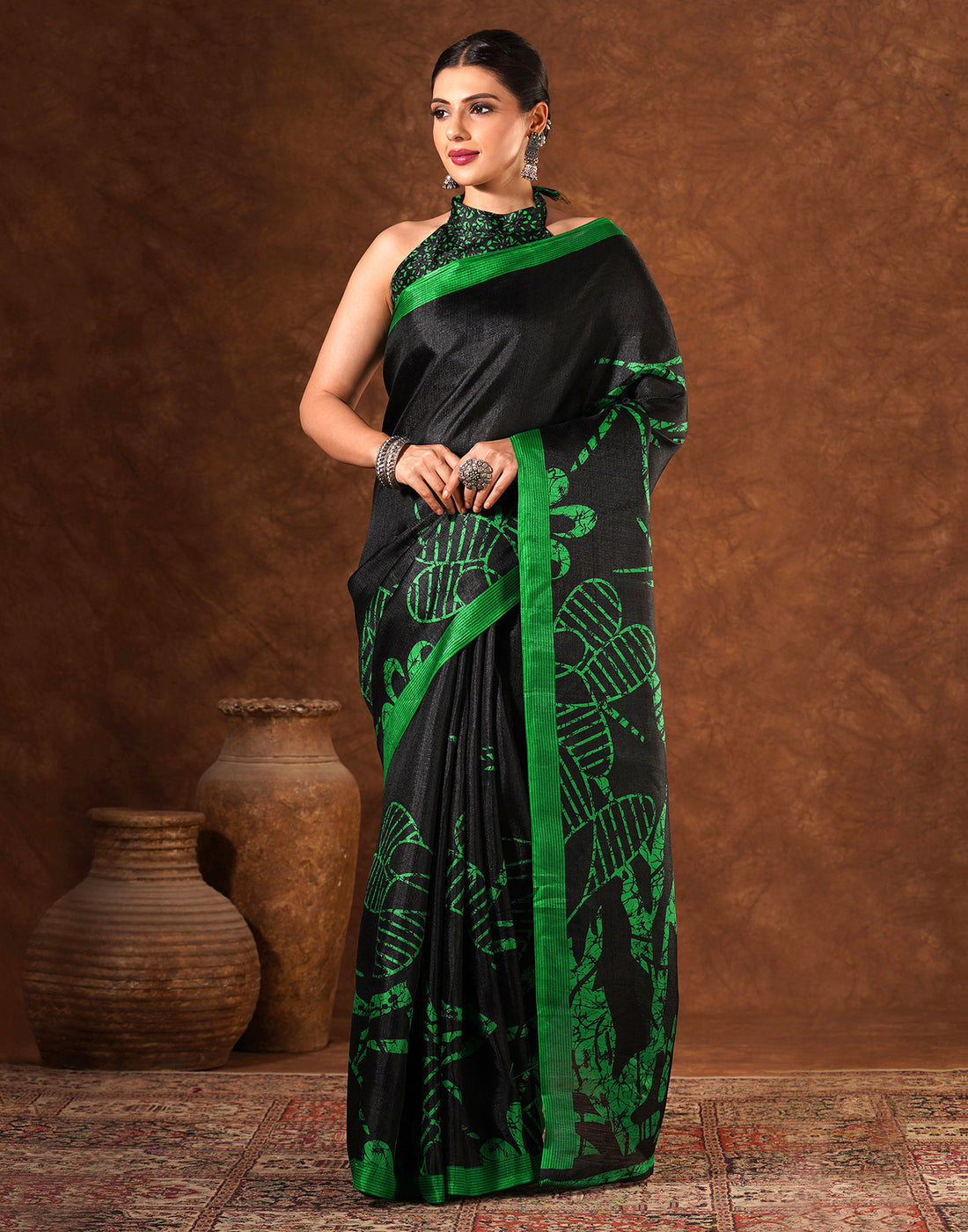 Black Cotton Blend Printed Saree