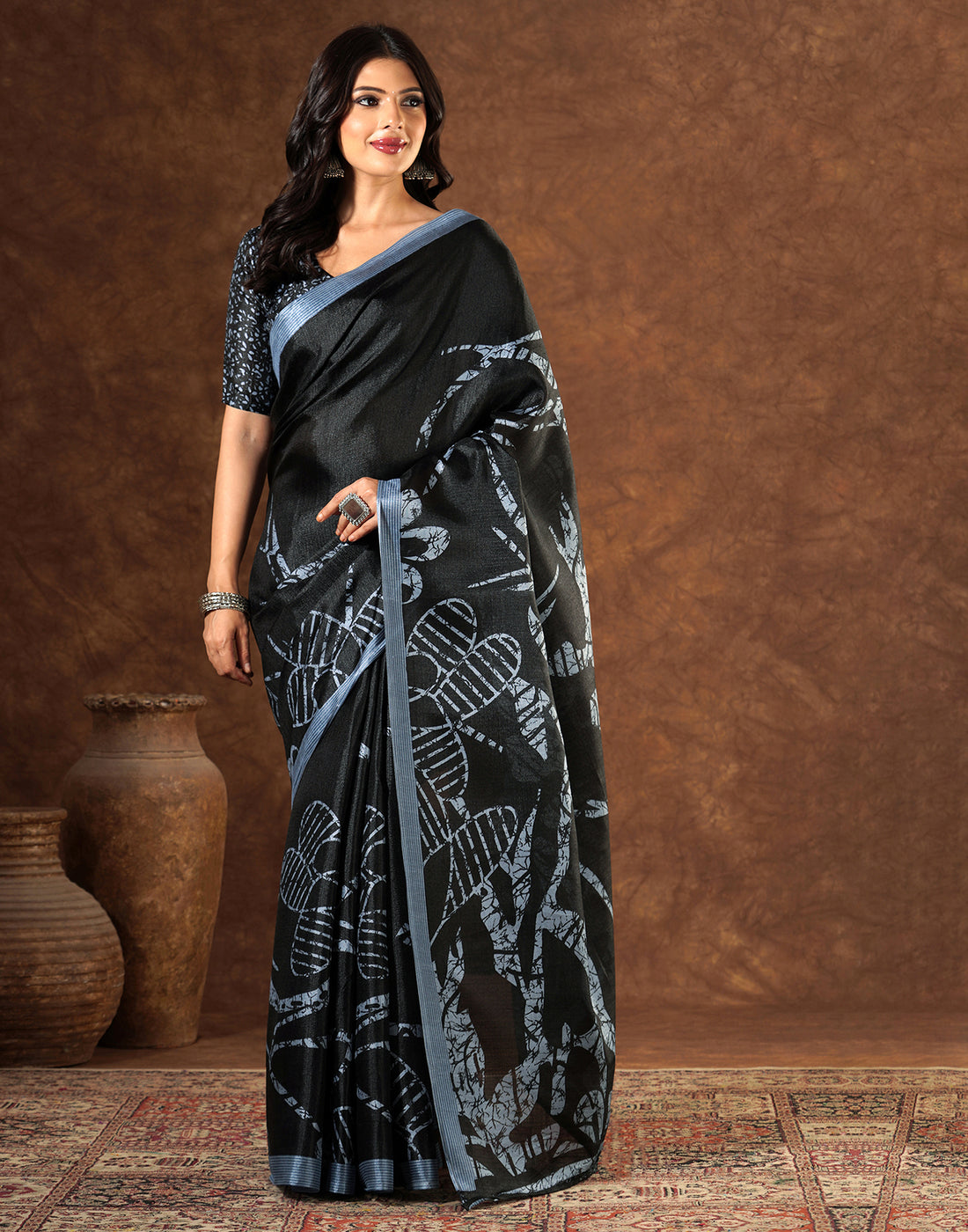 Black Cotton Blend Printed Saree