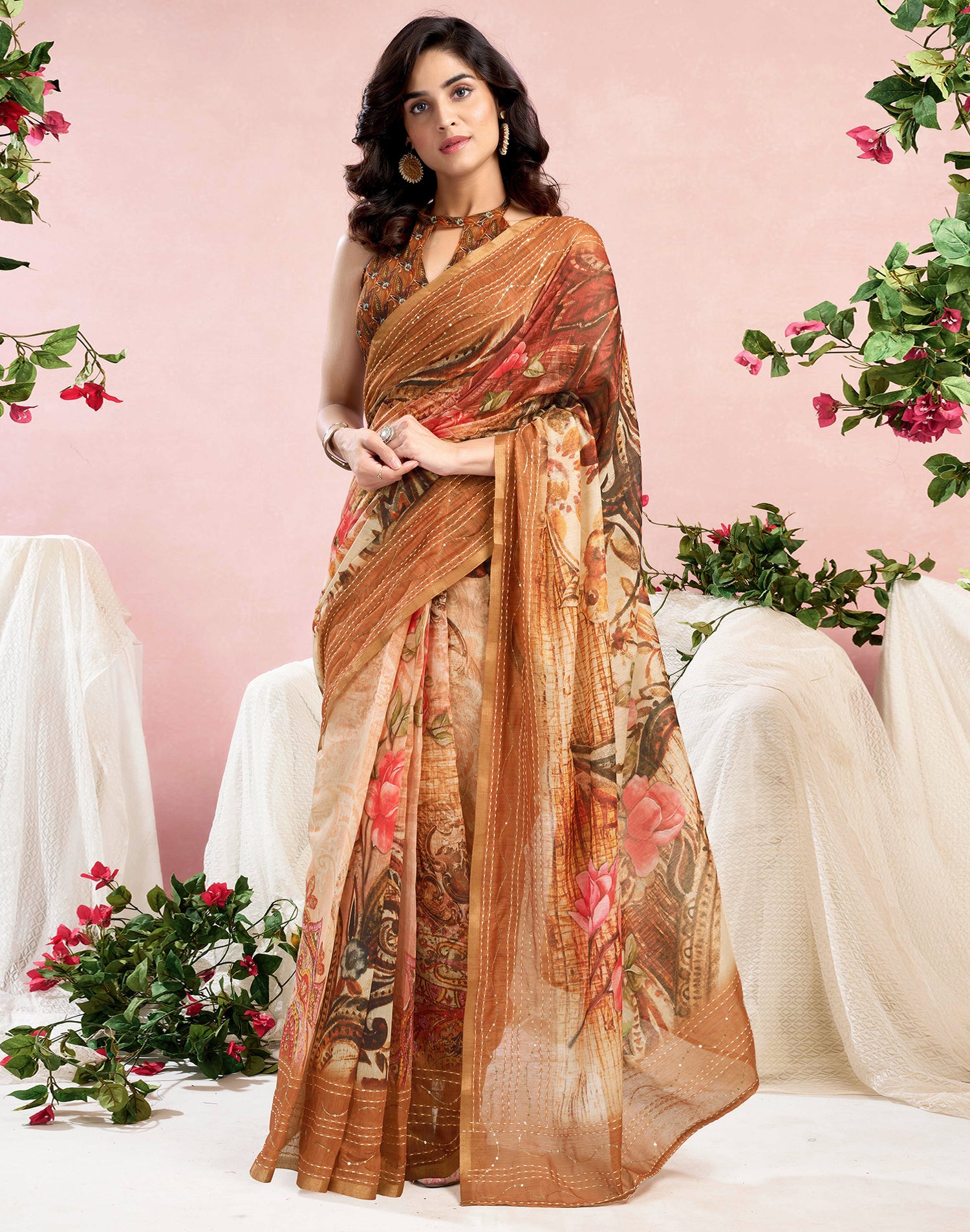 Ready To Wear Brown Chanderi Embroidery Floral Printed Saree