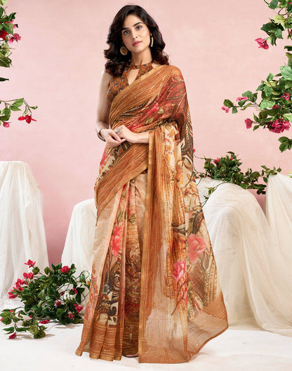Ready To Wear Brown Chanderi Embroidery Floral Printed Saree