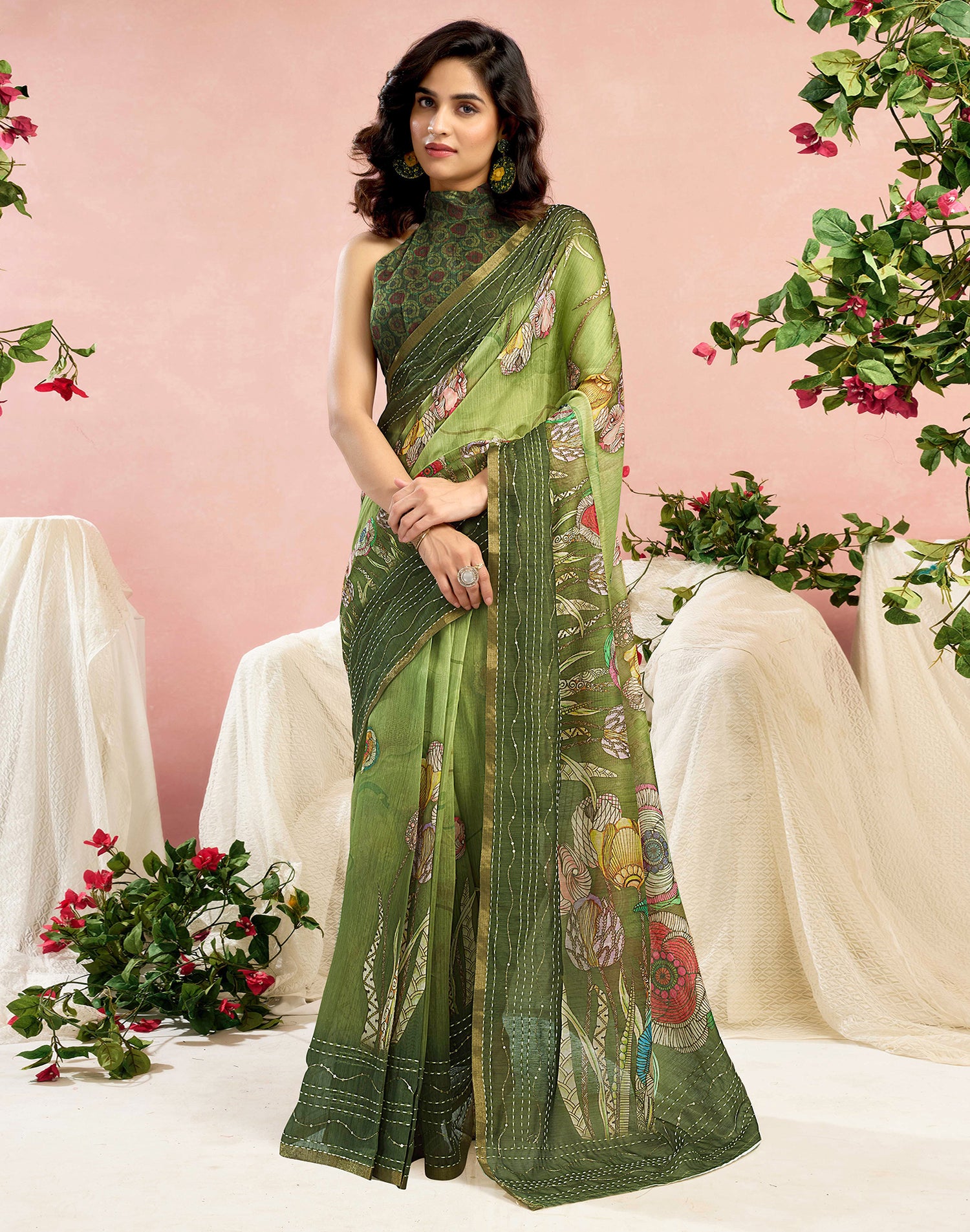 Ready To Wear Green Chanderi Embroidery Floral Printed Saree