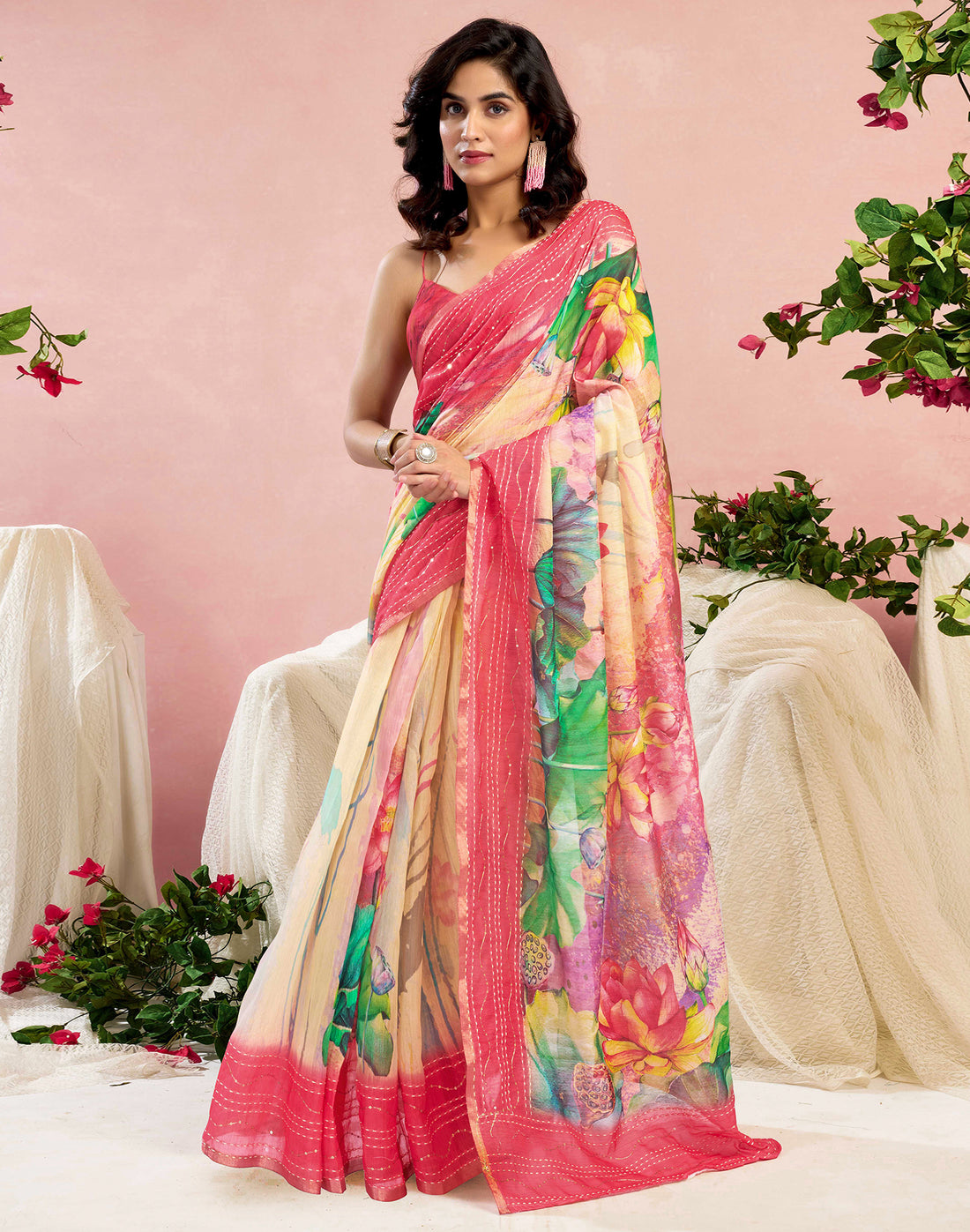 Ready To Wear Red Chanderi Embroidery Floral Printed Saree