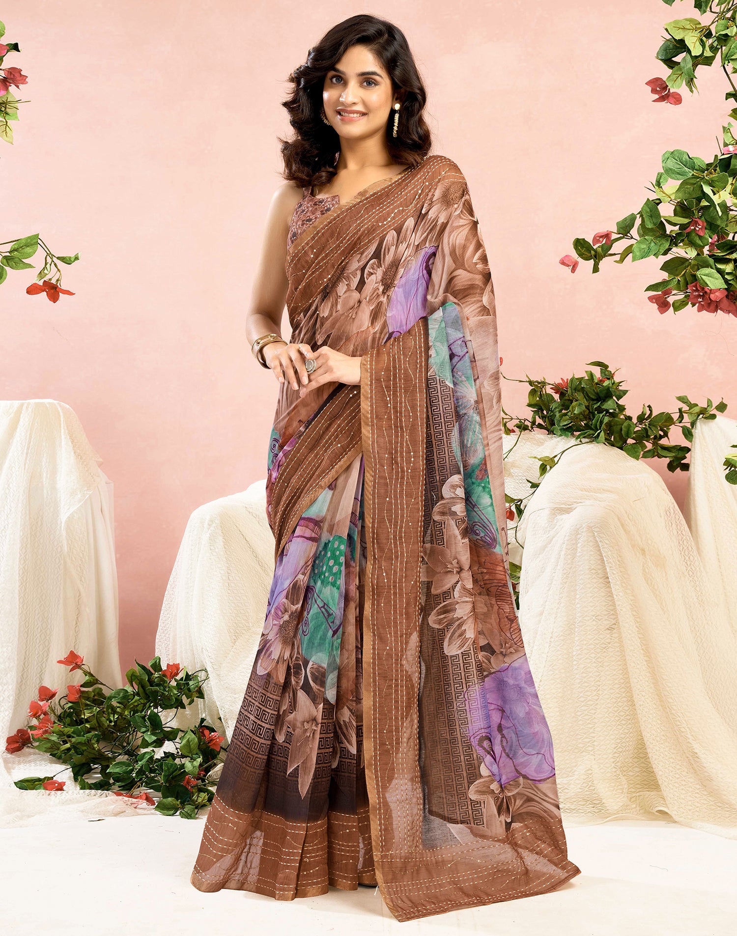 Ready To Wear Brown Chanderi Embroidery Floral Printed Saree