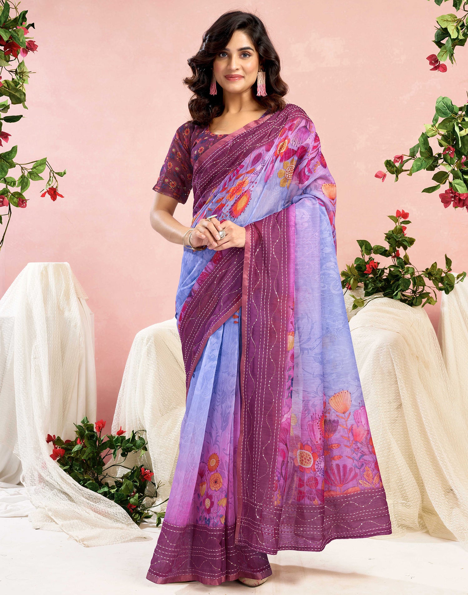 Ready To Wear Magenta Chanderi Embroidery Floral Printed Saree
