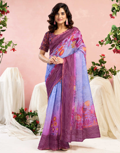 Ready To Wear Magenta Chanderi Embroidery Floral Printed Saree