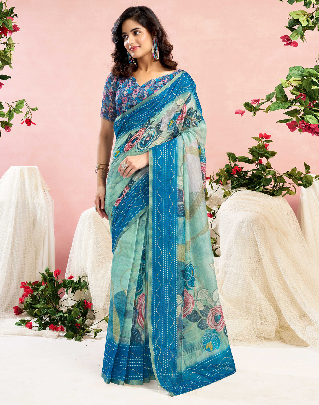 Ready To Wear Blue Chanderi Embroidery Floral Printed Saree