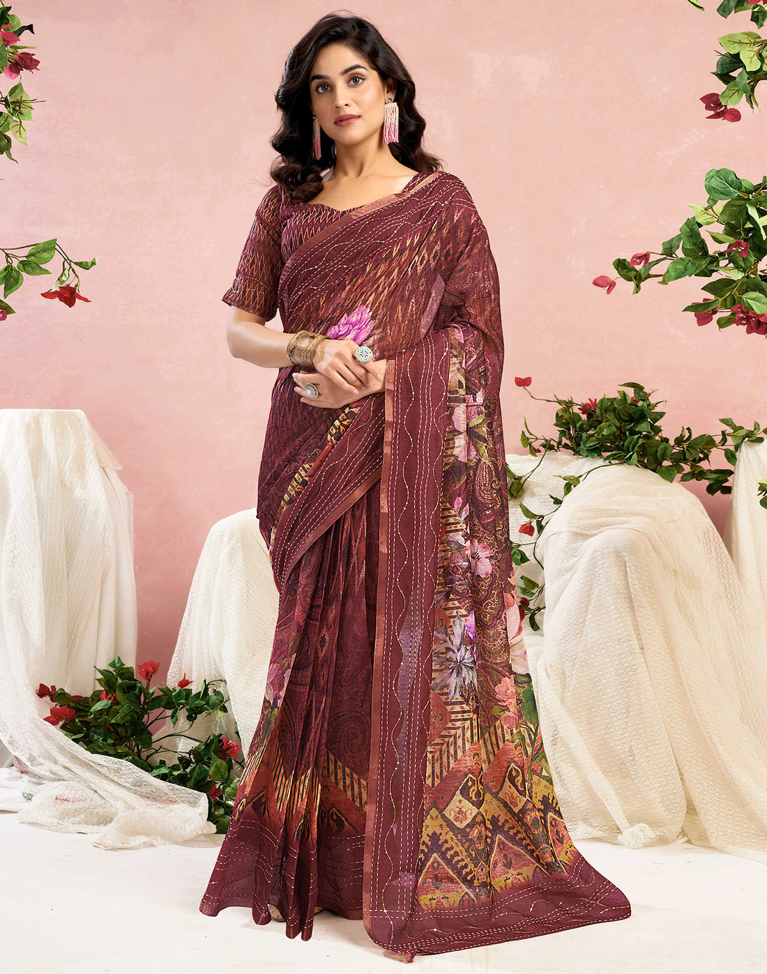 Ready To Wear Maroon Chanderi Embroidery Floral Printed Saree