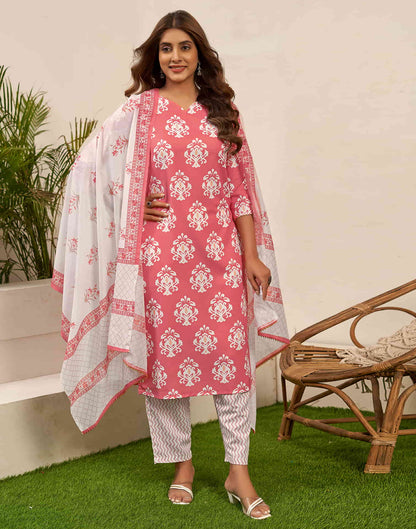 Punch Pink Printed Rayon Straight Kurta With Pant And Dupatta