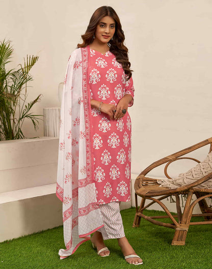 Punch Pink Printed Rayon Straight Kurta With Pant And Dupatta