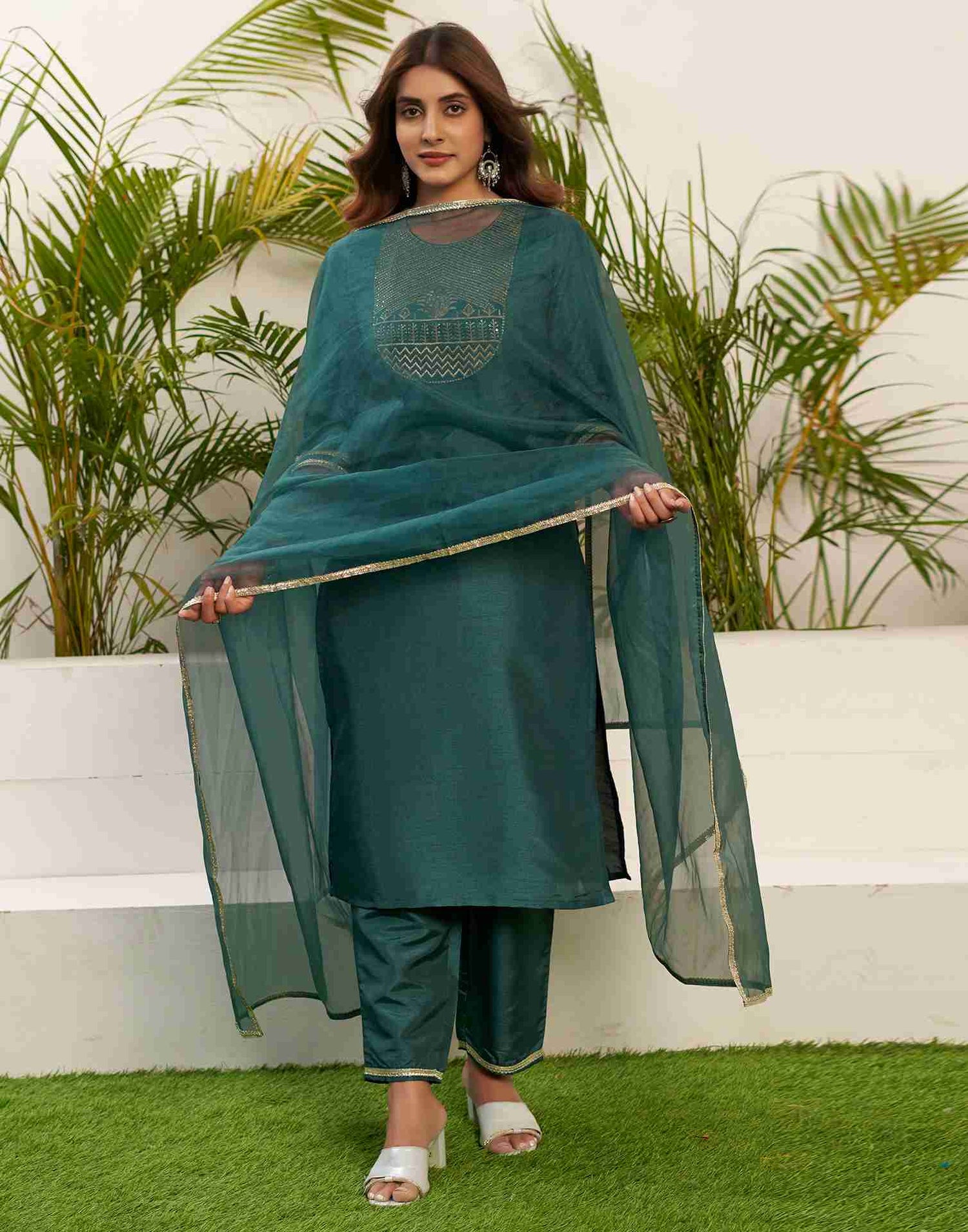 Teal Green Embroidery Silk Straight Kurta Set With Dupatta