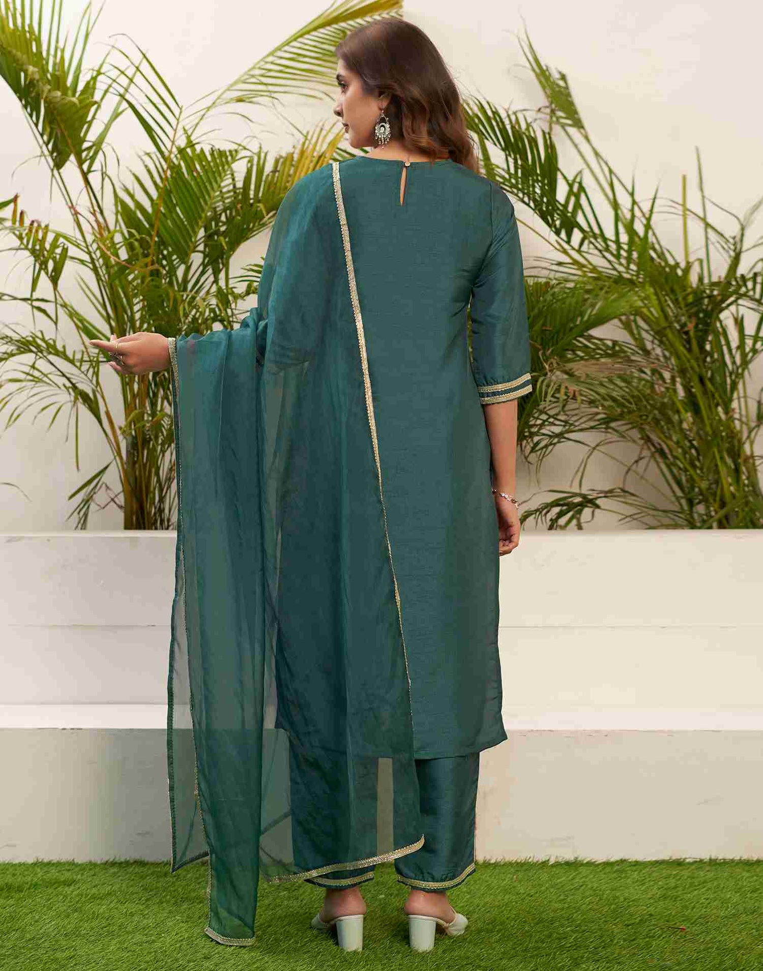 Teal Green Embroidery Silk Straight Kurta Set With Dupatta