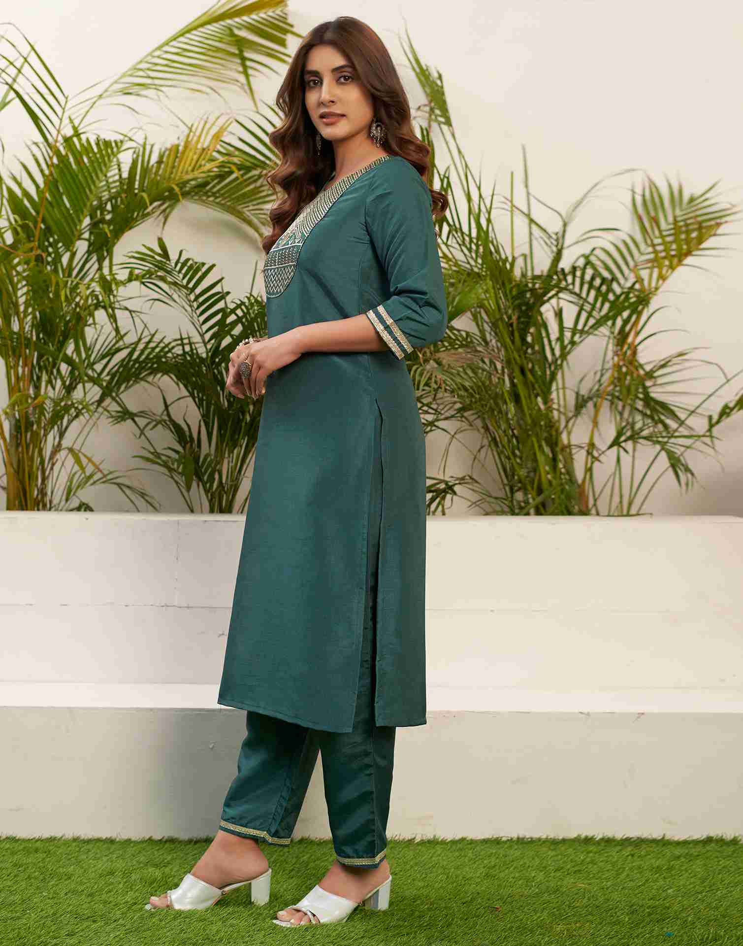 Teal Green Embroidery Silk Straight Kurta Set With Dupatta