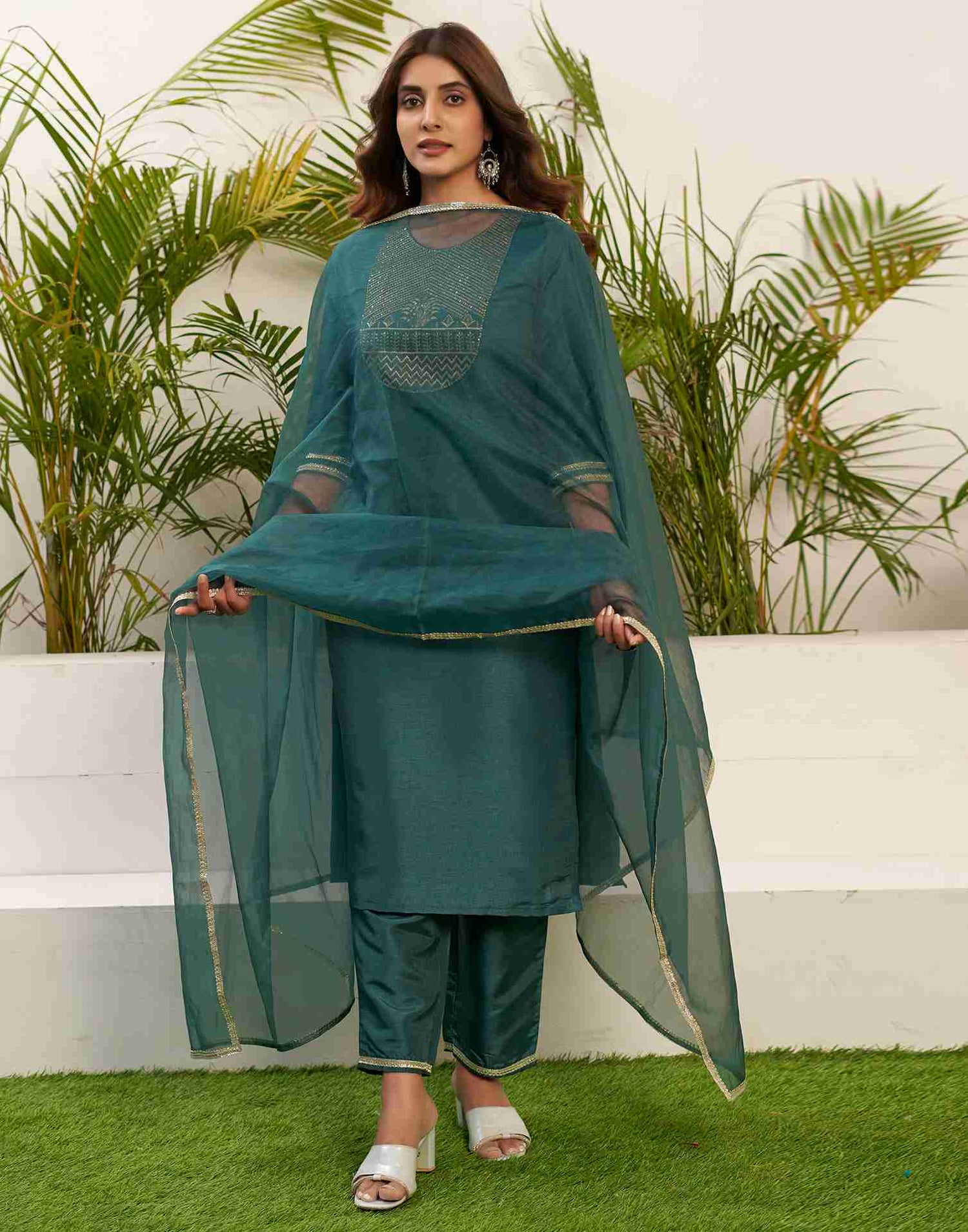 Teal Green Embroidery Silk Straight Kurta Set With Dupatta