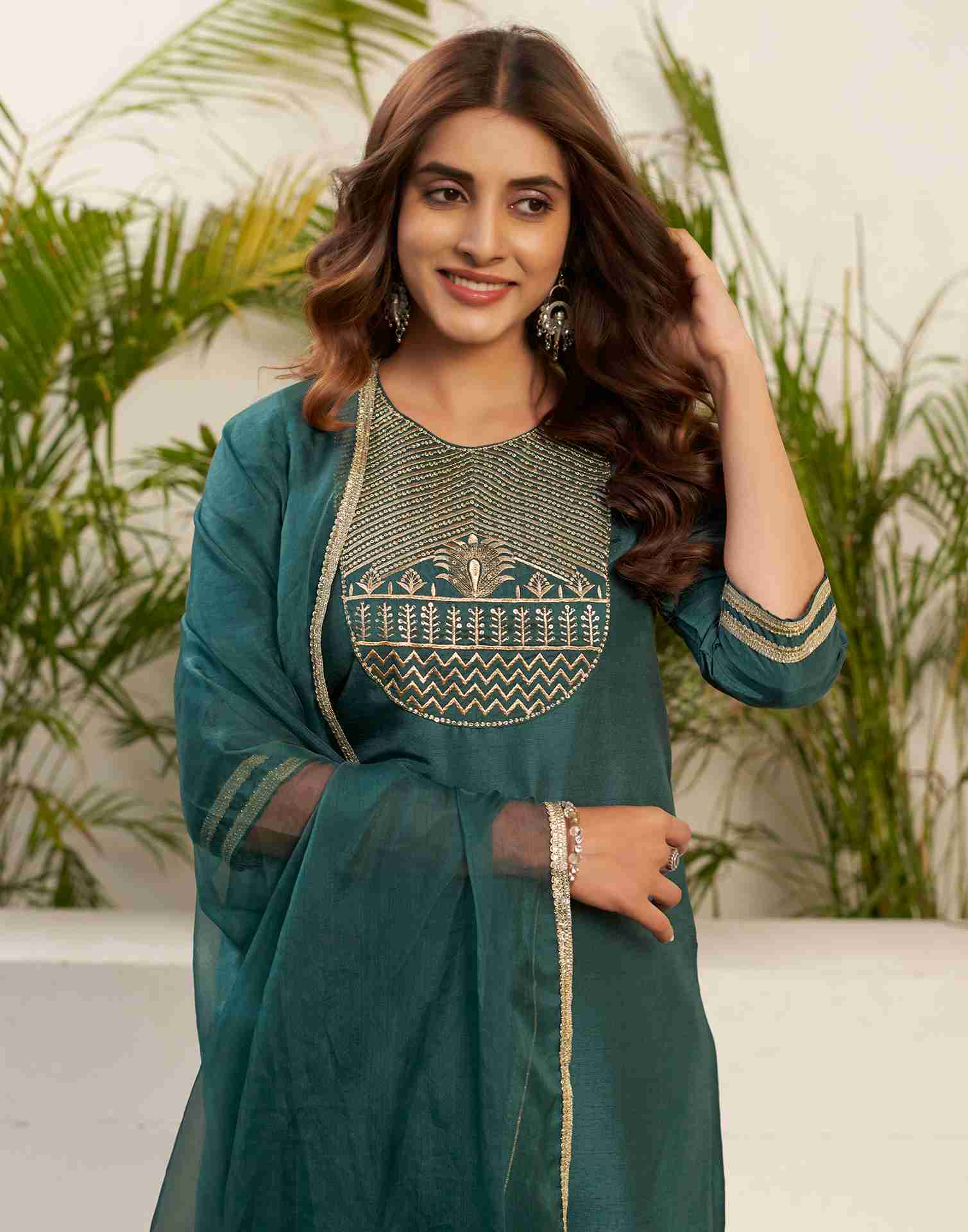 Teal Green Embroidery Silk Straight Kurta Set With Dupatta