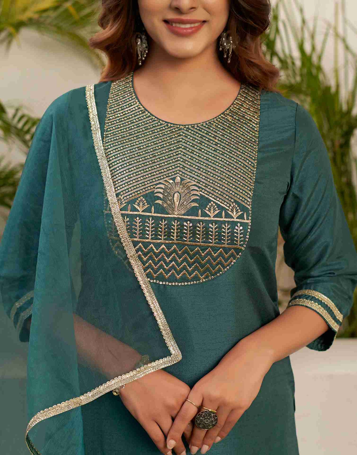 Teal Green Embroidery Silk Straight Kurta Set With Dupatta