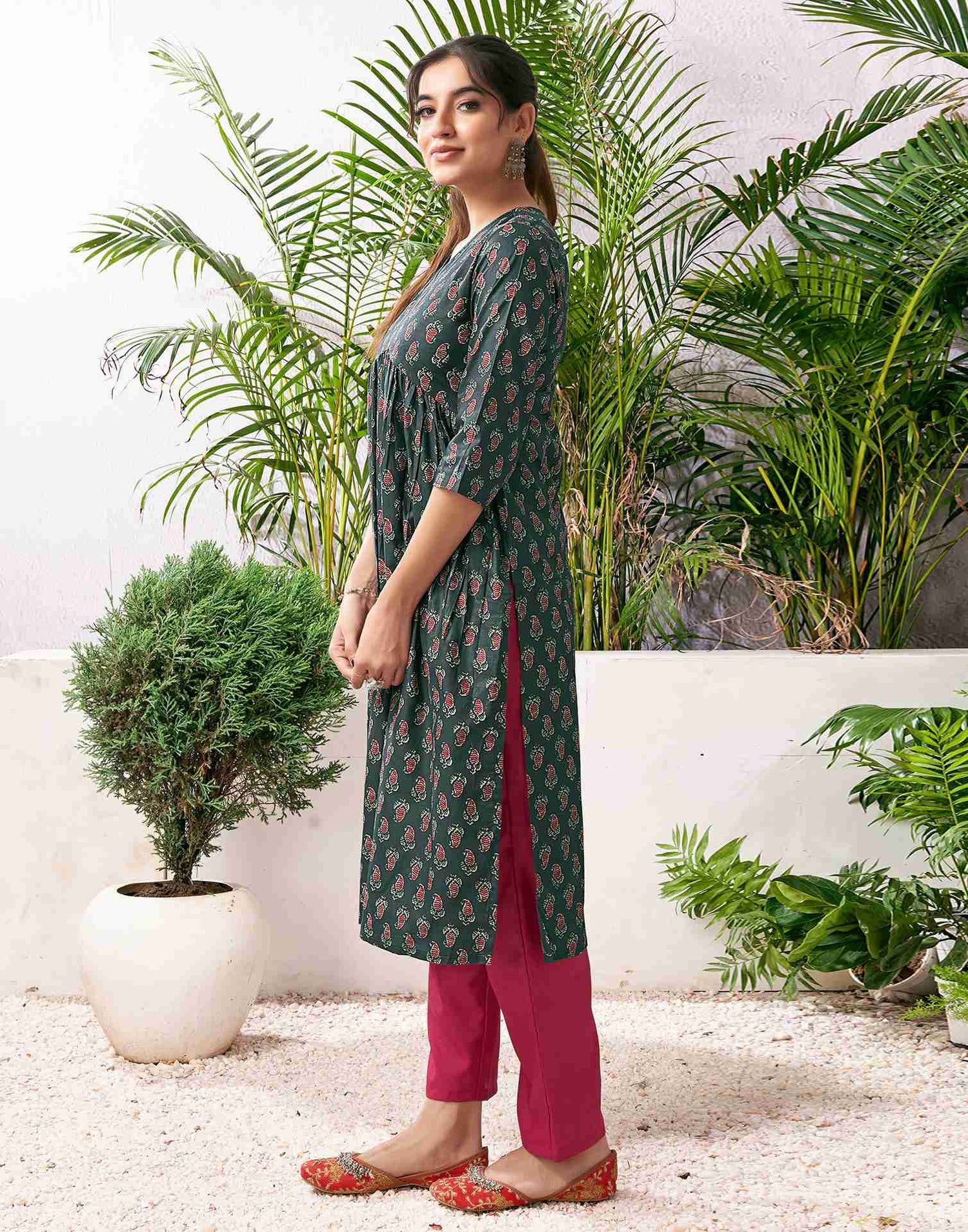 Bottle Green Cotton Printed A-Line Kurta Set With Dupatta