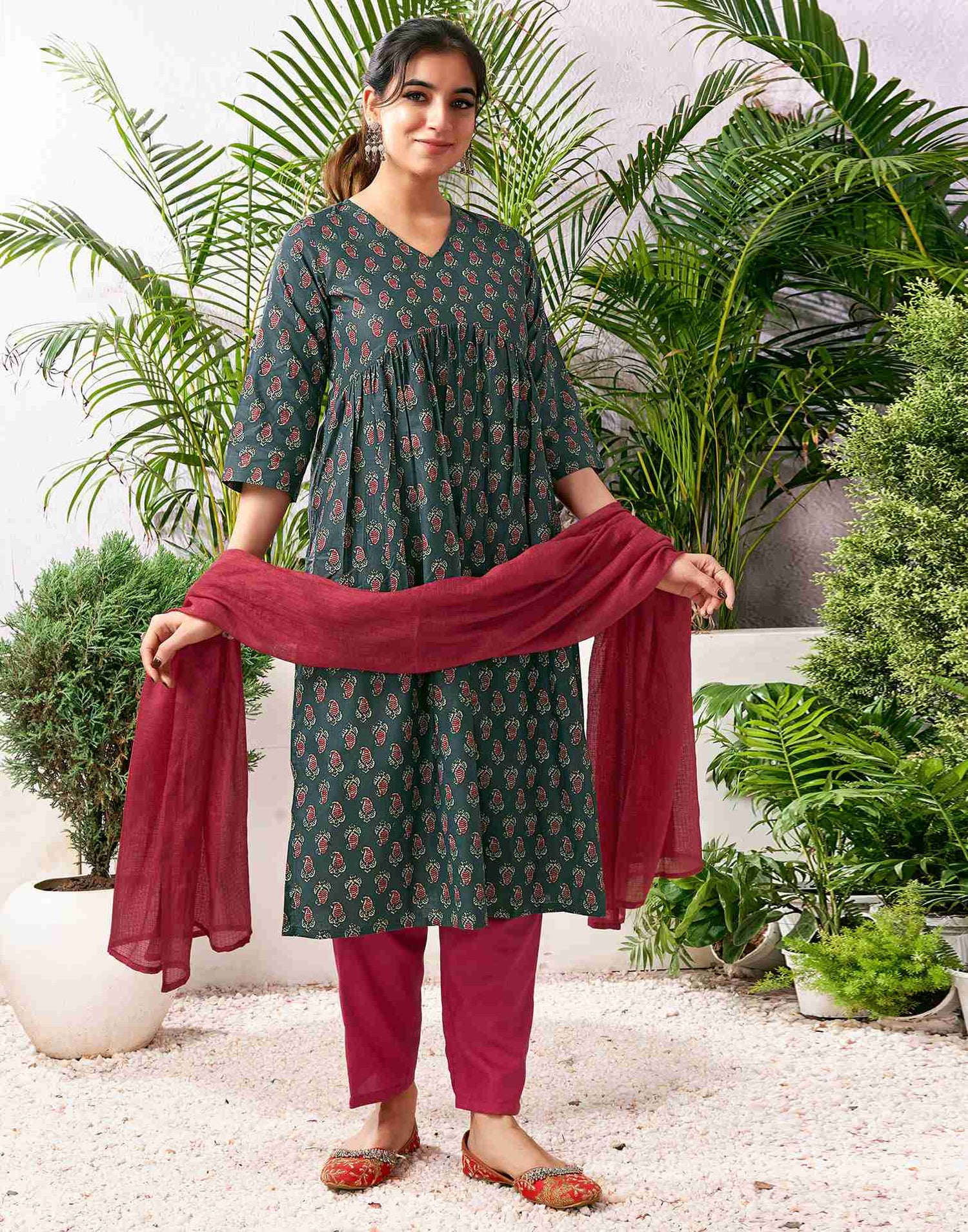 Bottle Green Cotton Printed A-Line Kurta Set With Dupatta