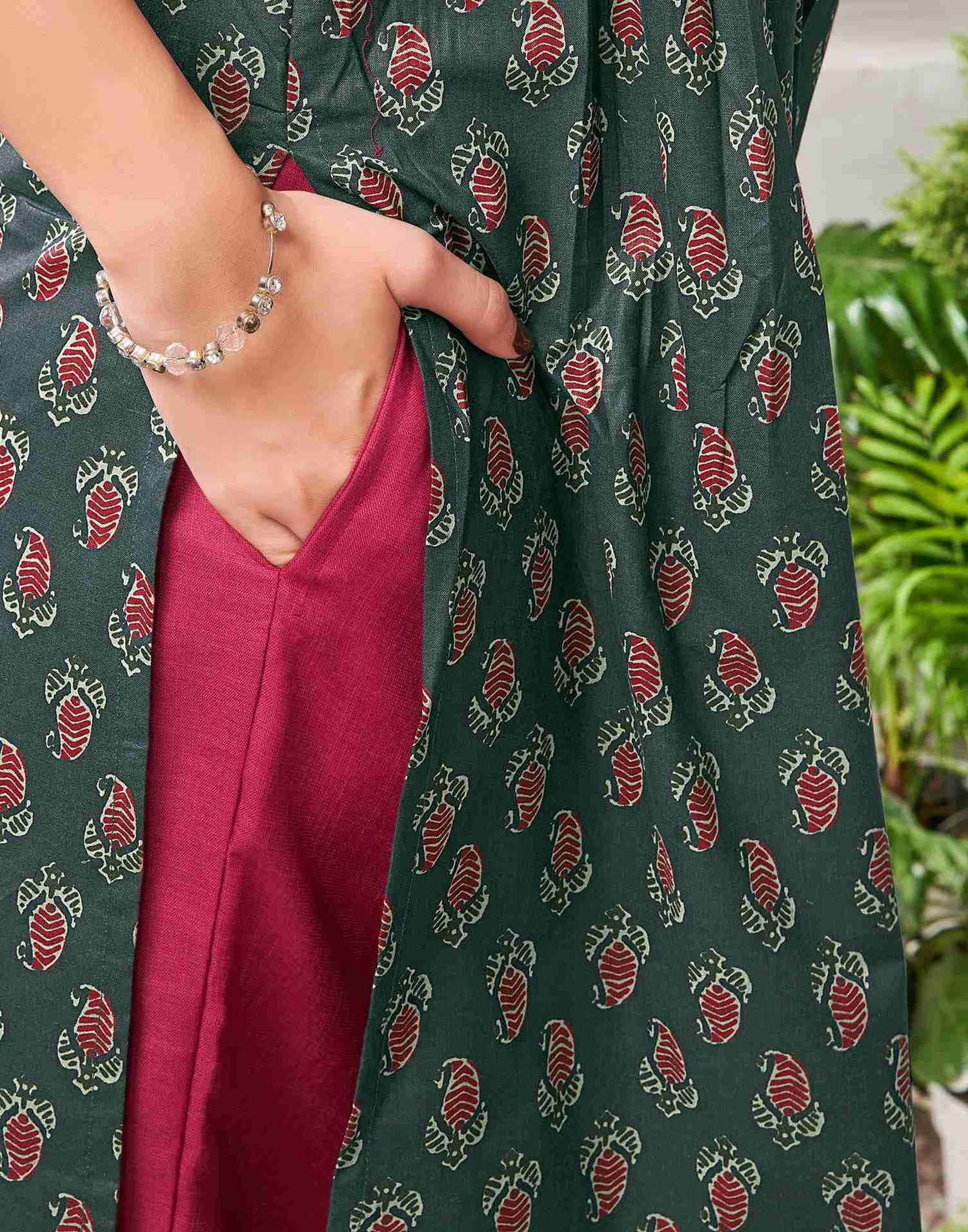 Bottle Green Cotton Printed A-Line Kurta Set With Dupatta