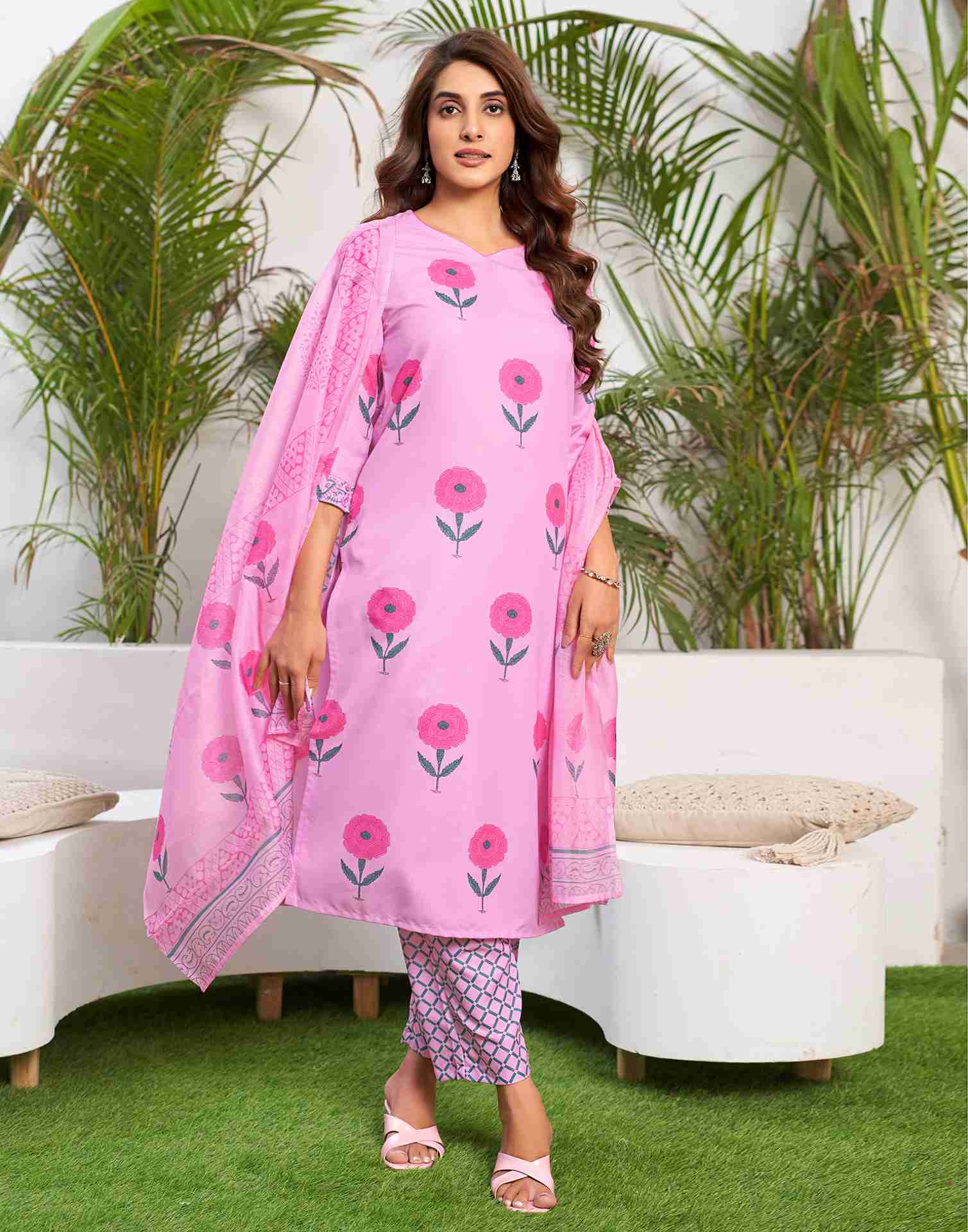 Pink Printed Rayon Straight Kurta Set With Dupatta