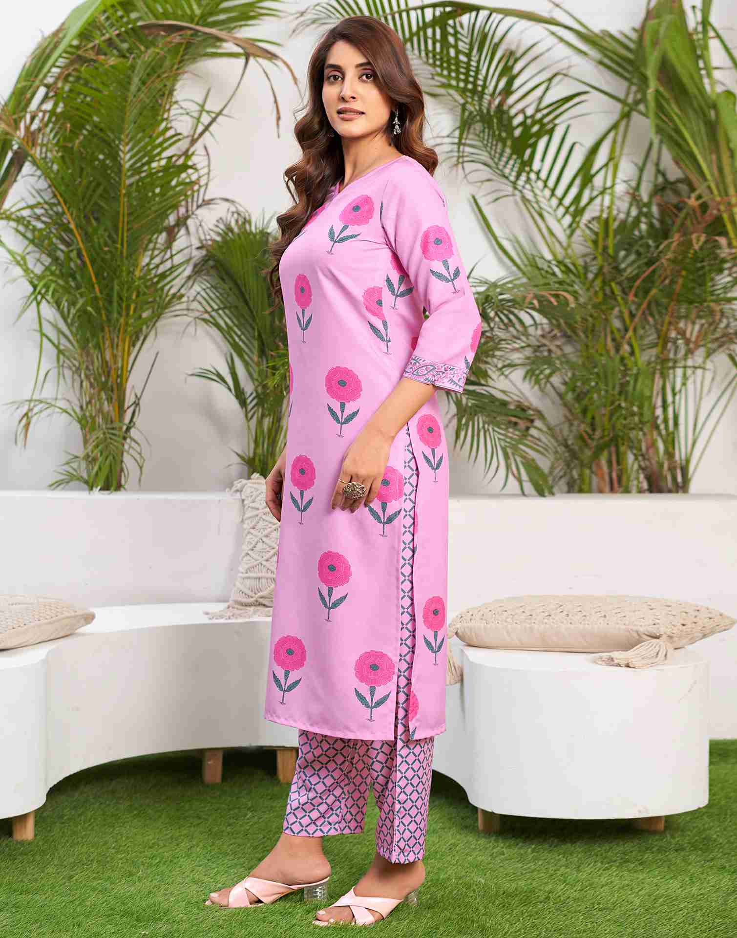 Pink Printed Rayon Straight Kurta Set With Dupatta