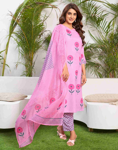 Pink Printed Rayon Straight Kurta Set With Dupatta