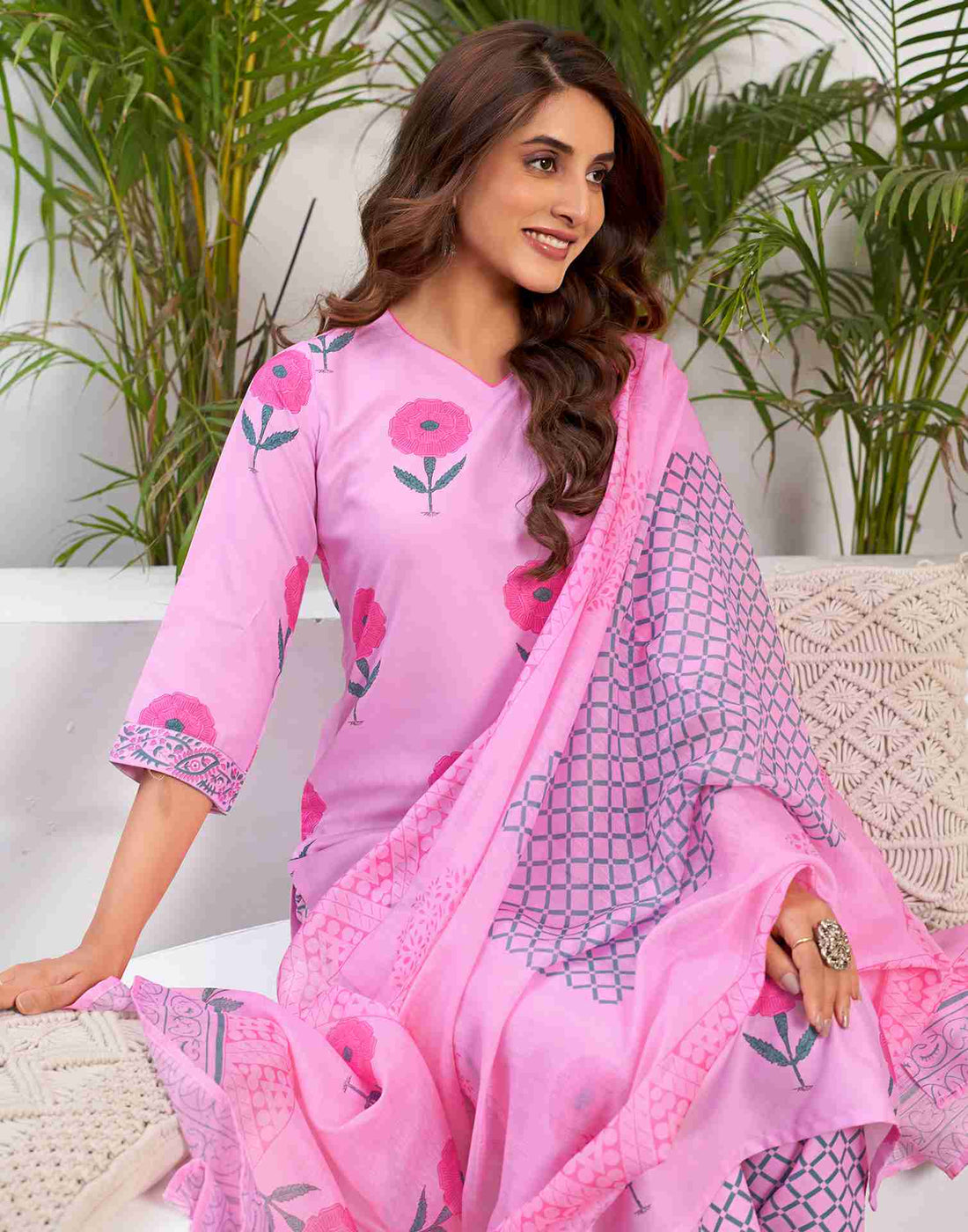 Pink Printed Rayon Straight Kurta Set With Dupatta