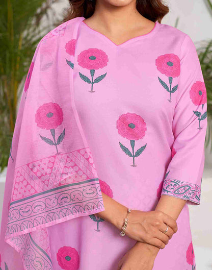 Pink Printed Rayon Straight Kurta Set With Dupatta