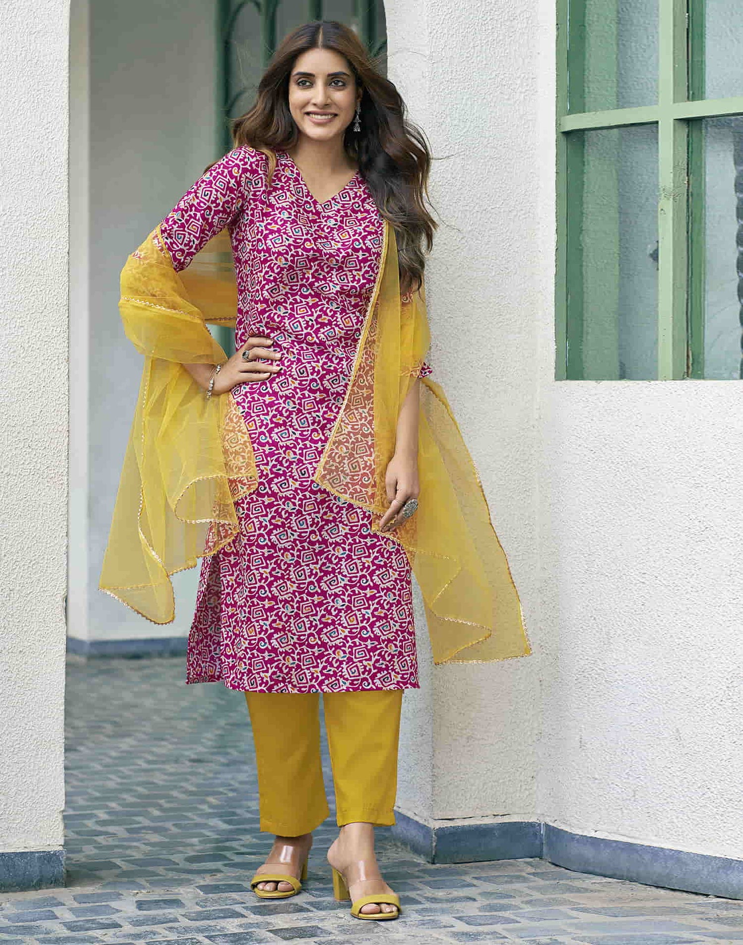 Rama Pink Printed Cotton Straight Kurta With Pant And Dupatta