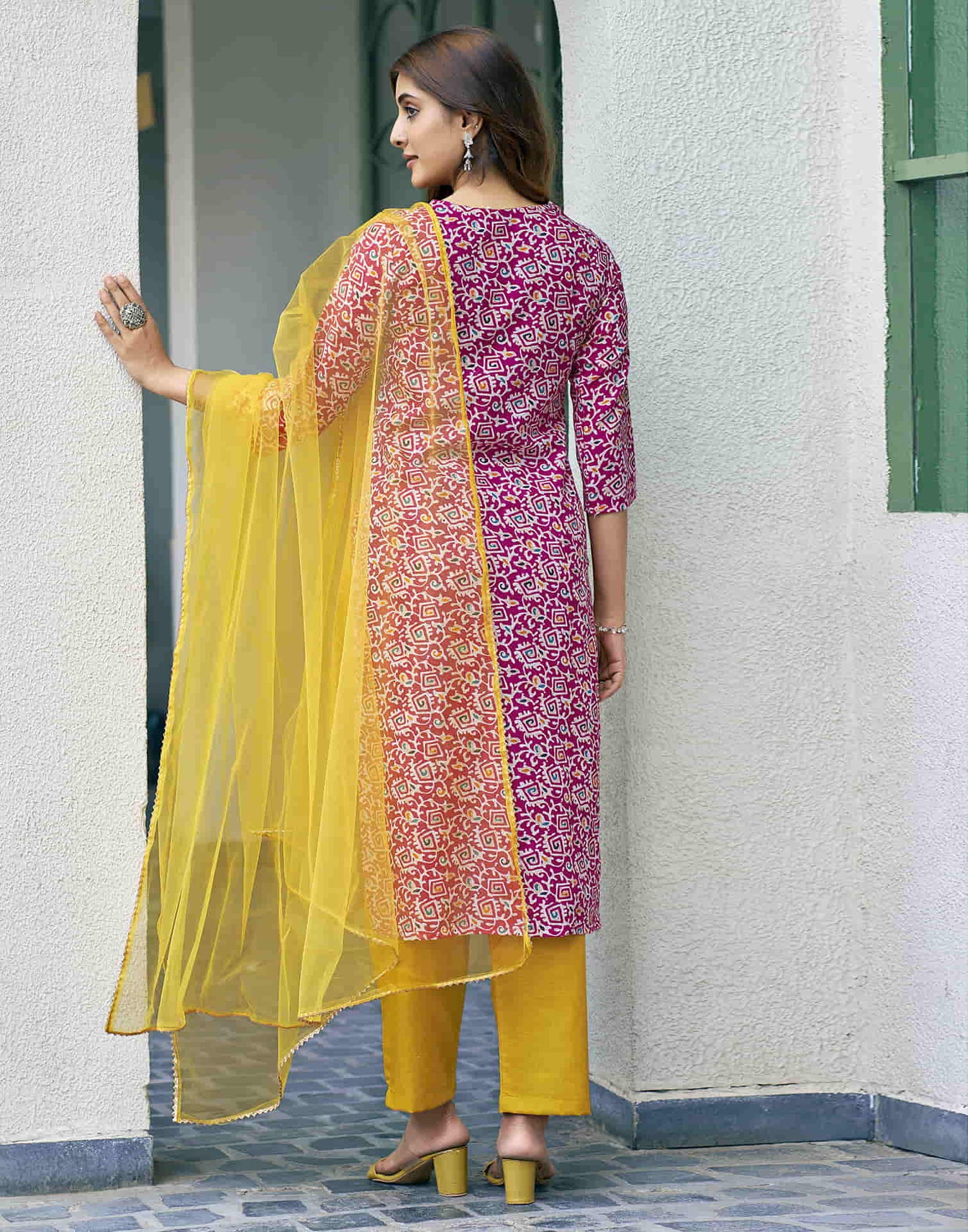 Rama Pink Printed Cotton Straight Kurta With Pant And Dupatta