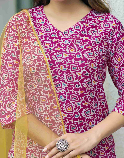 Rama Pink Printed Cotton Straight Kurta With Pant And Dupatta