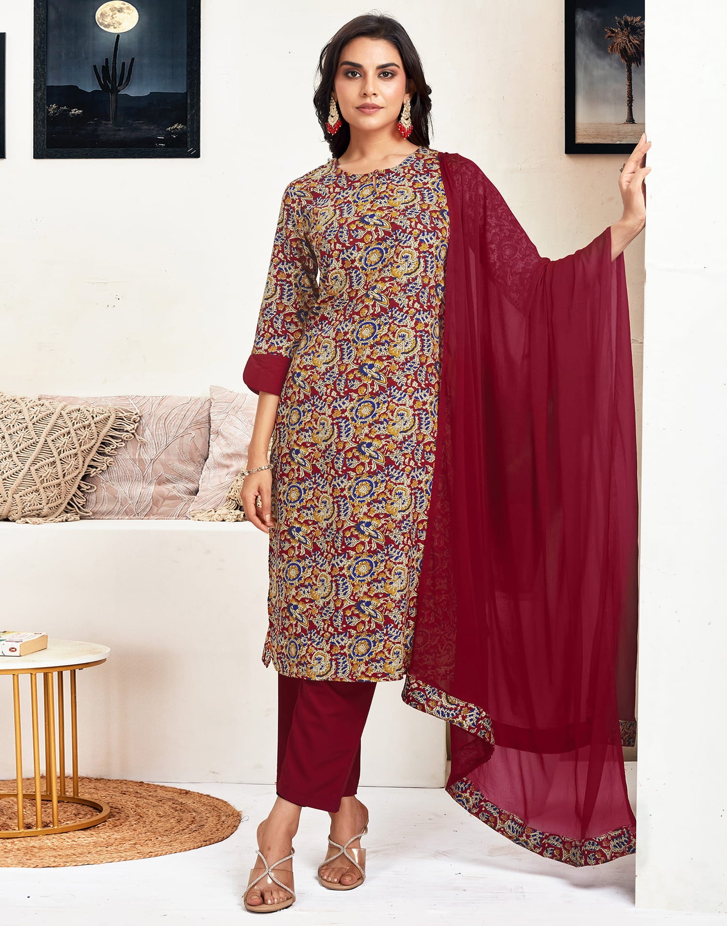 Red Crepe Printed Straight Kurta Set With Dupatta