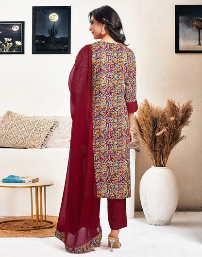 Red Crepe Printed Straight Kurta Set With Dupatta