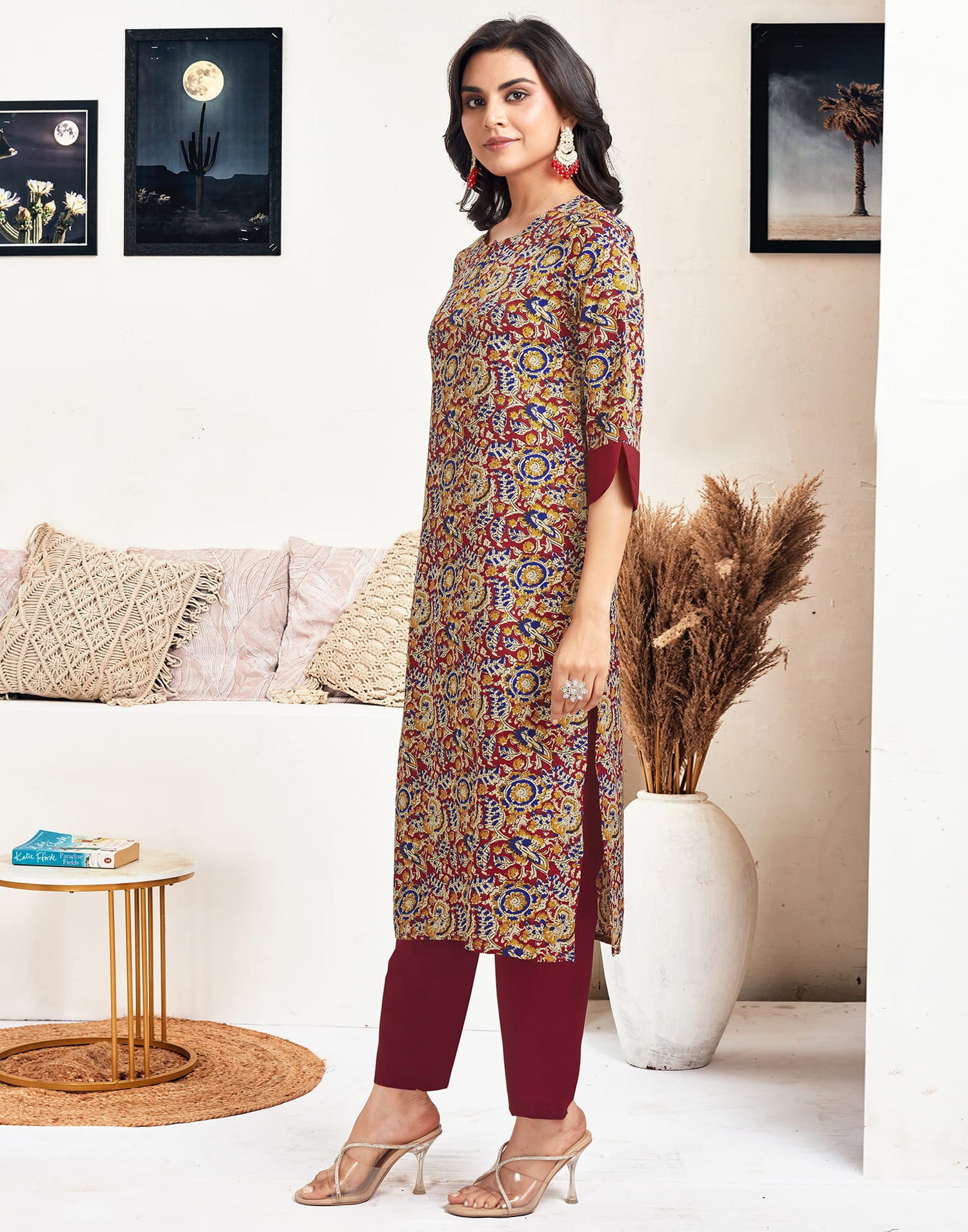 Red Crepe Printed Straight Kurta Set With Dupatta